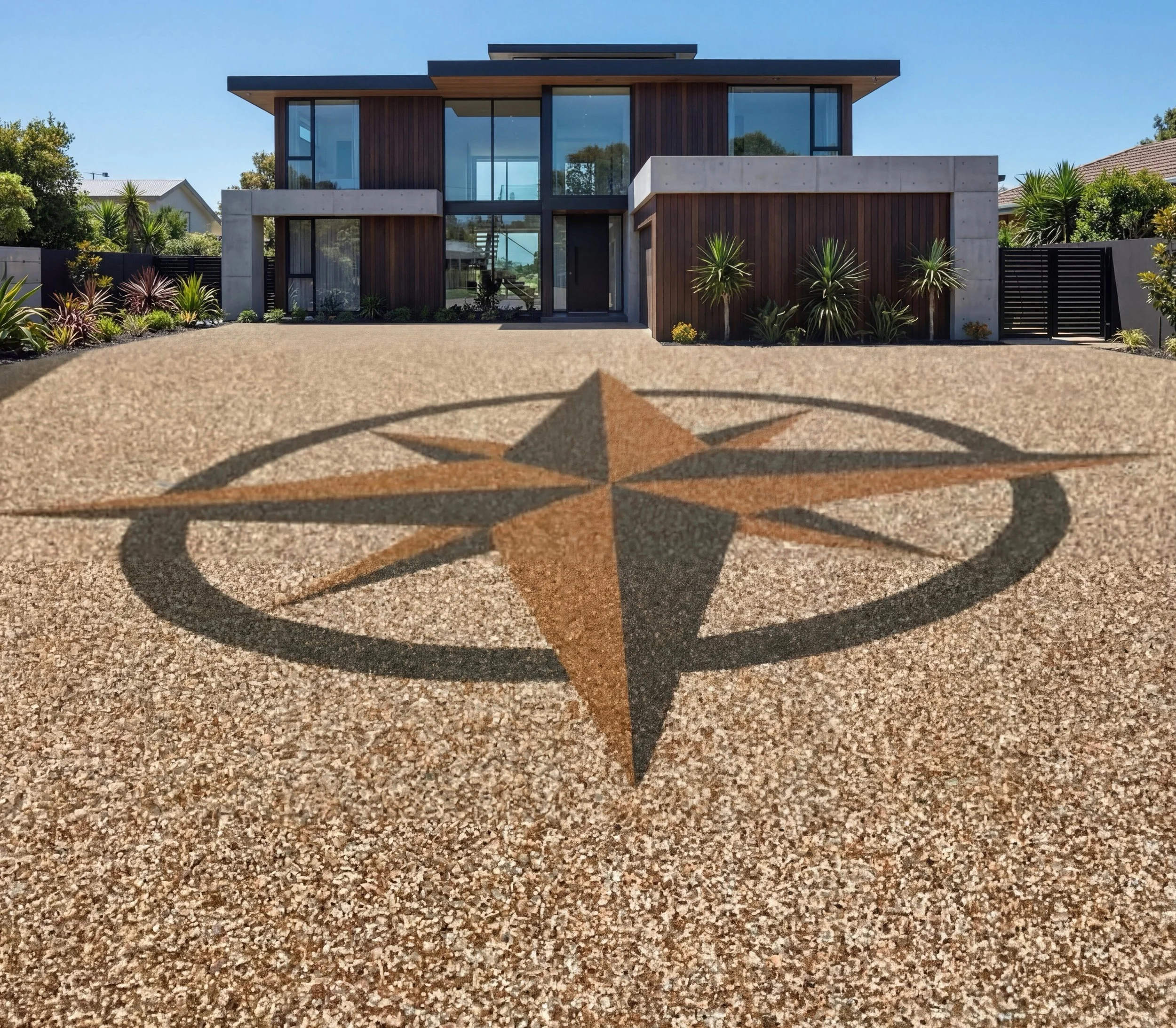 Modern house with large glass windows, surrounded by desert-style landscaping and plants, with a decorative compass rose pattern on the gravel driveway in the foreground.