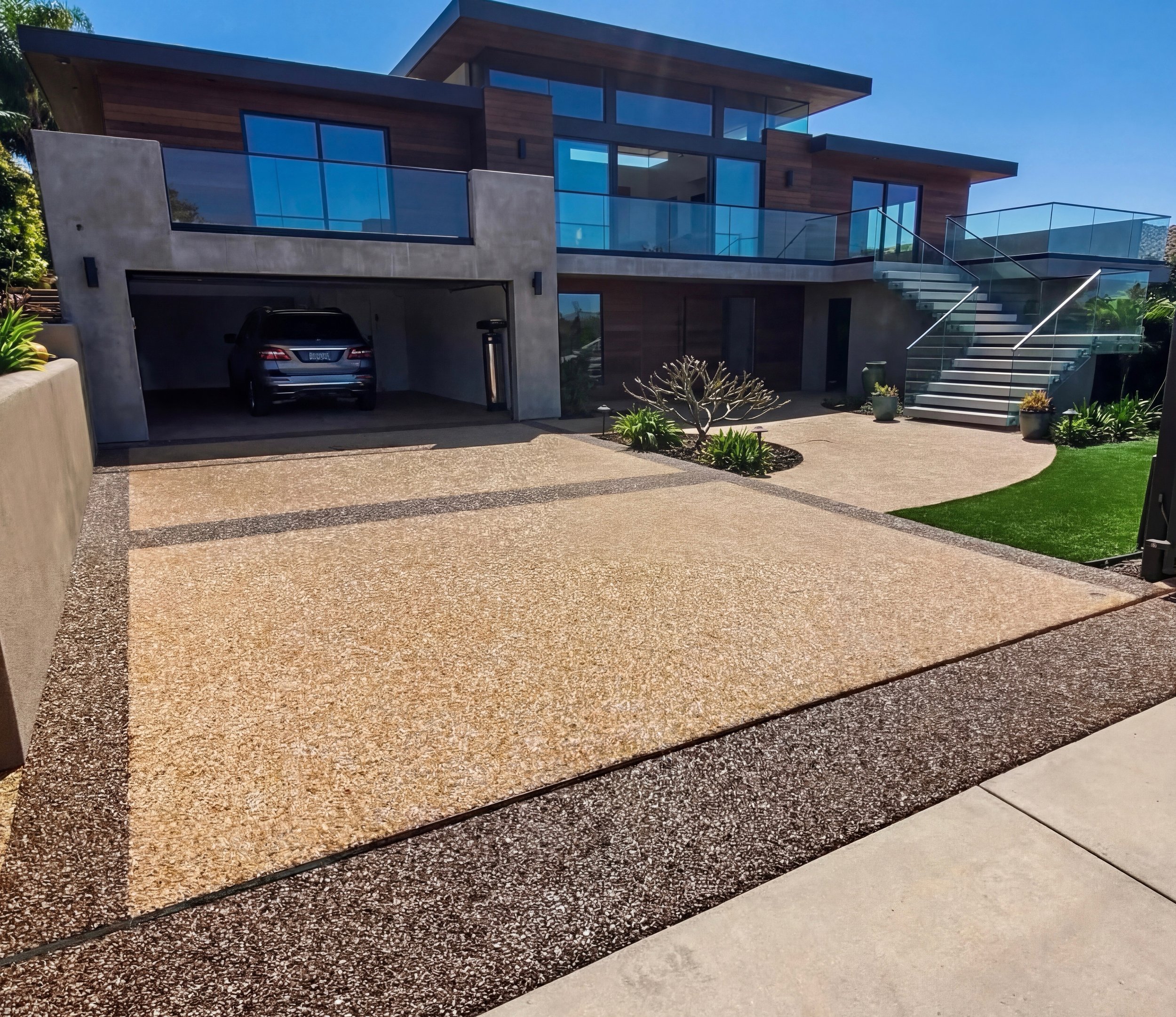 Modern house with a concrete driveway, garage with a car, glass balcony, outdoor staircase, landscaped yard, and blue sky.