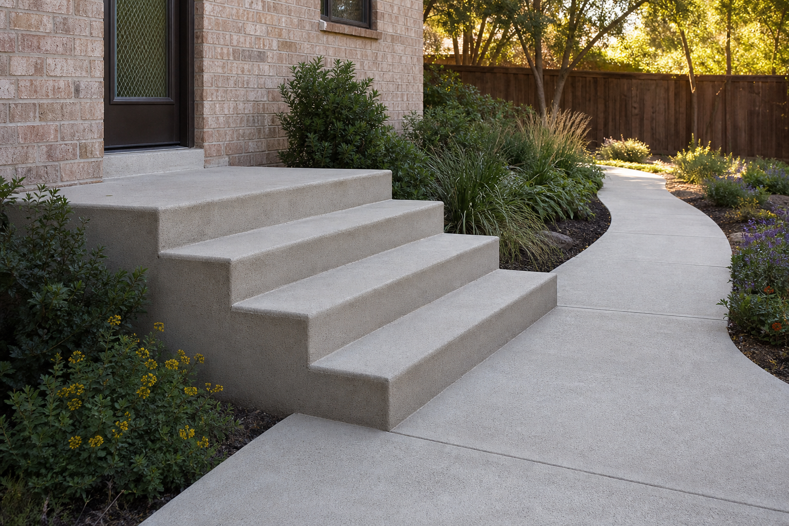 Newly refinished concrete steps and curved walkway at a Dallas-area home