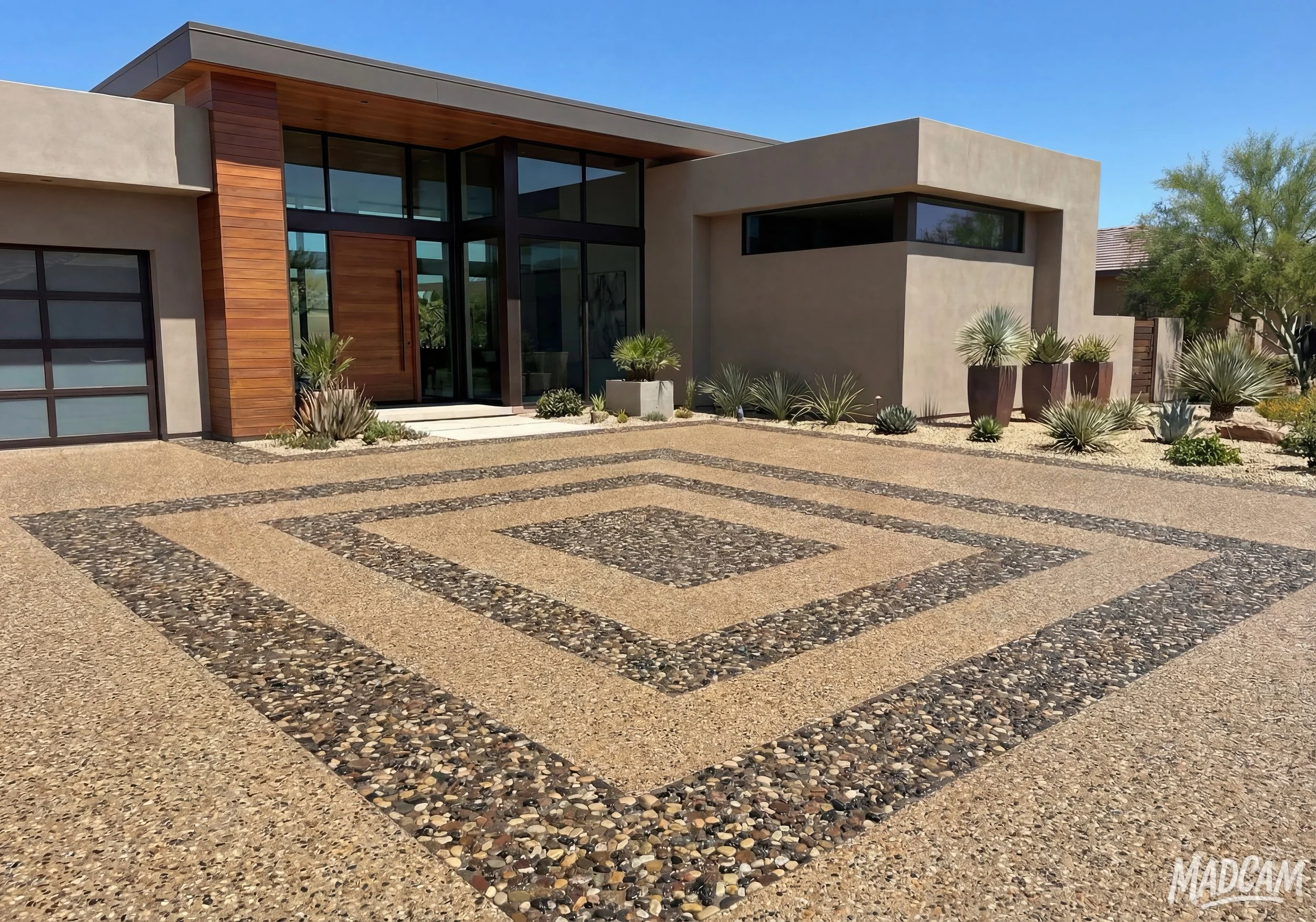 Modern house with desert landscape, featuring a geometrically patterned concrete driveway, large glass entrance, and desert plants in pots.