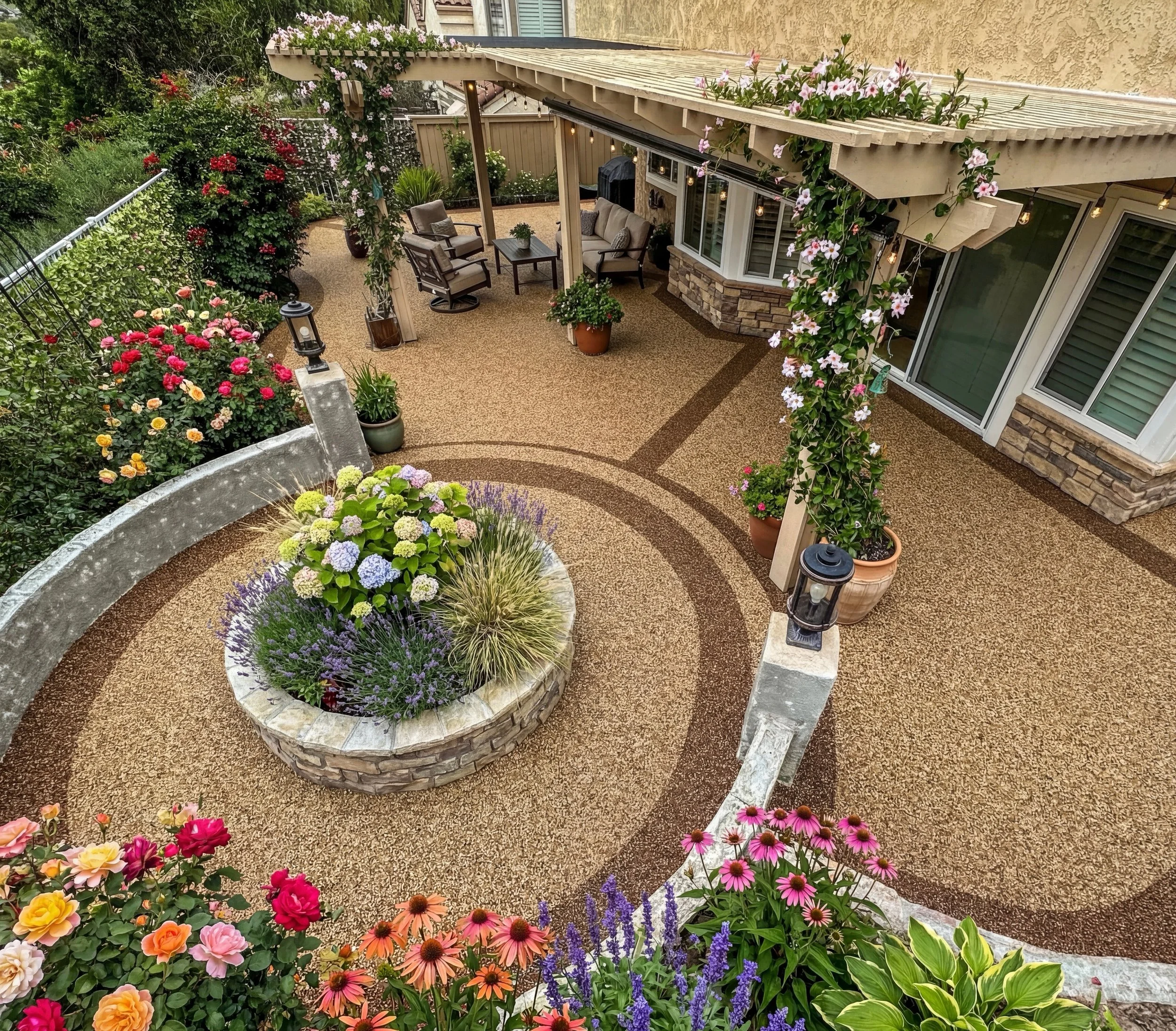 A colorful backyard patio with blooming flowers, potted plants, and a seating area under a pergola decorated with vines and flowers.