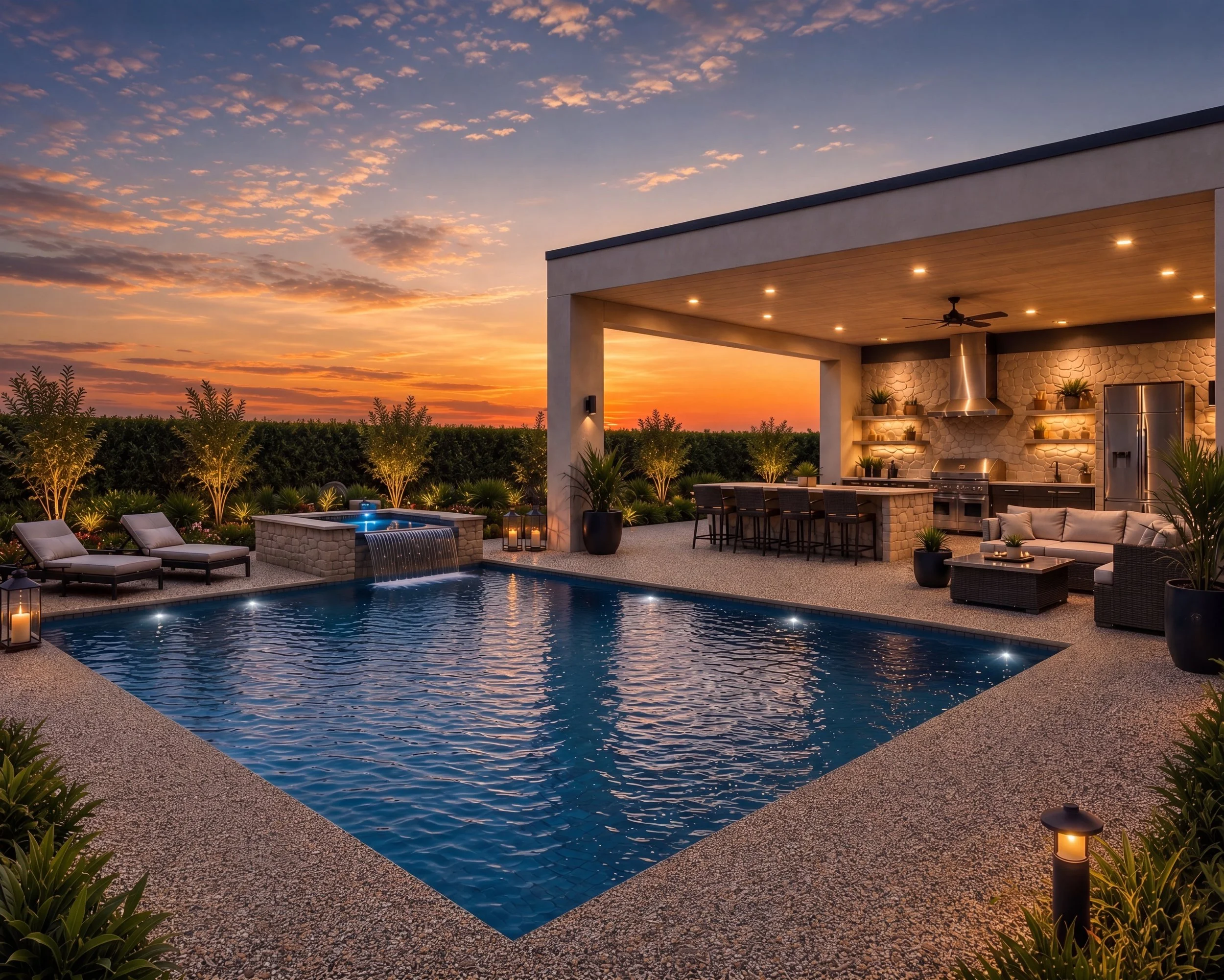A backyard scene at sunset showing a swimming pool, outdoor seating, a covered outdoor kitchen area with a ceiling fan, and landscaped bushes and trees.