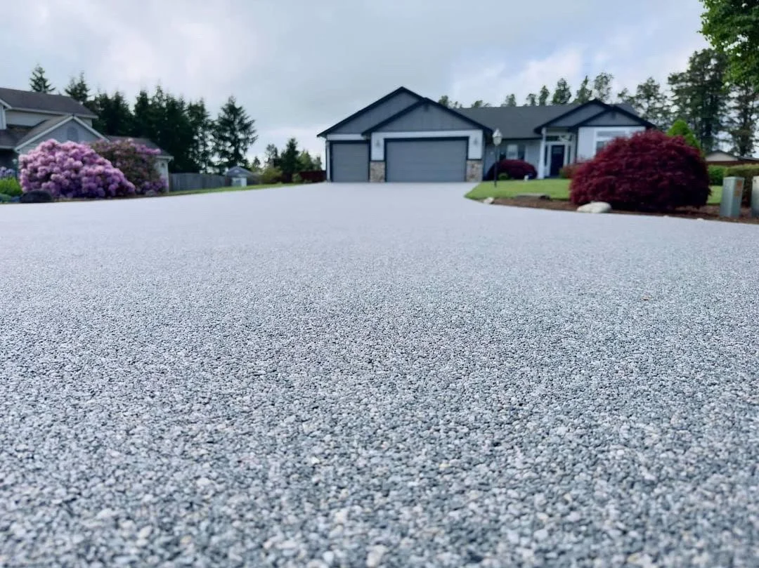 View of a suburban house with a paved driveway, surrounded by landscaped bushes and trees.