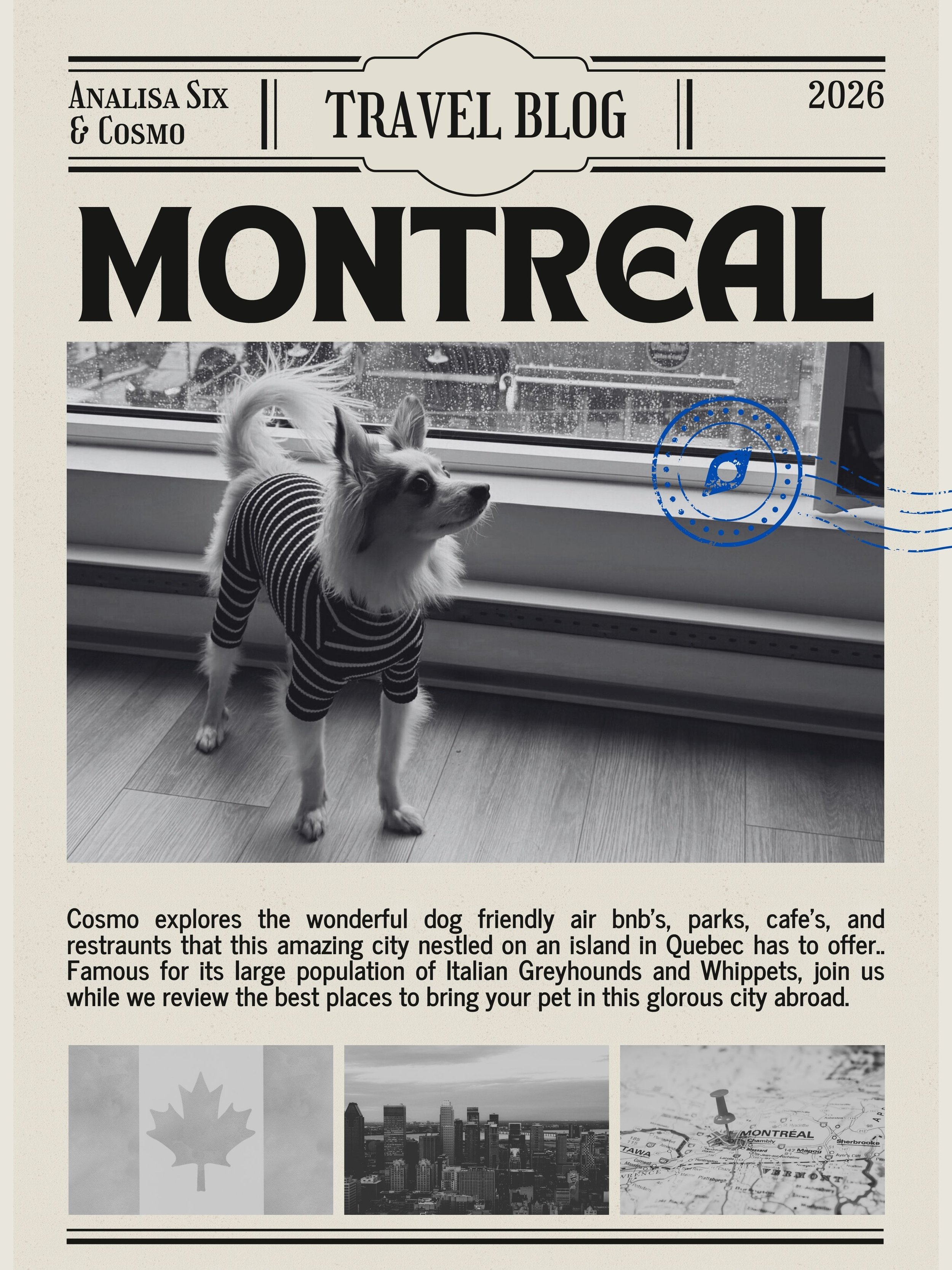 Travel newspaper featuring Cosmo the traveling chihuahua