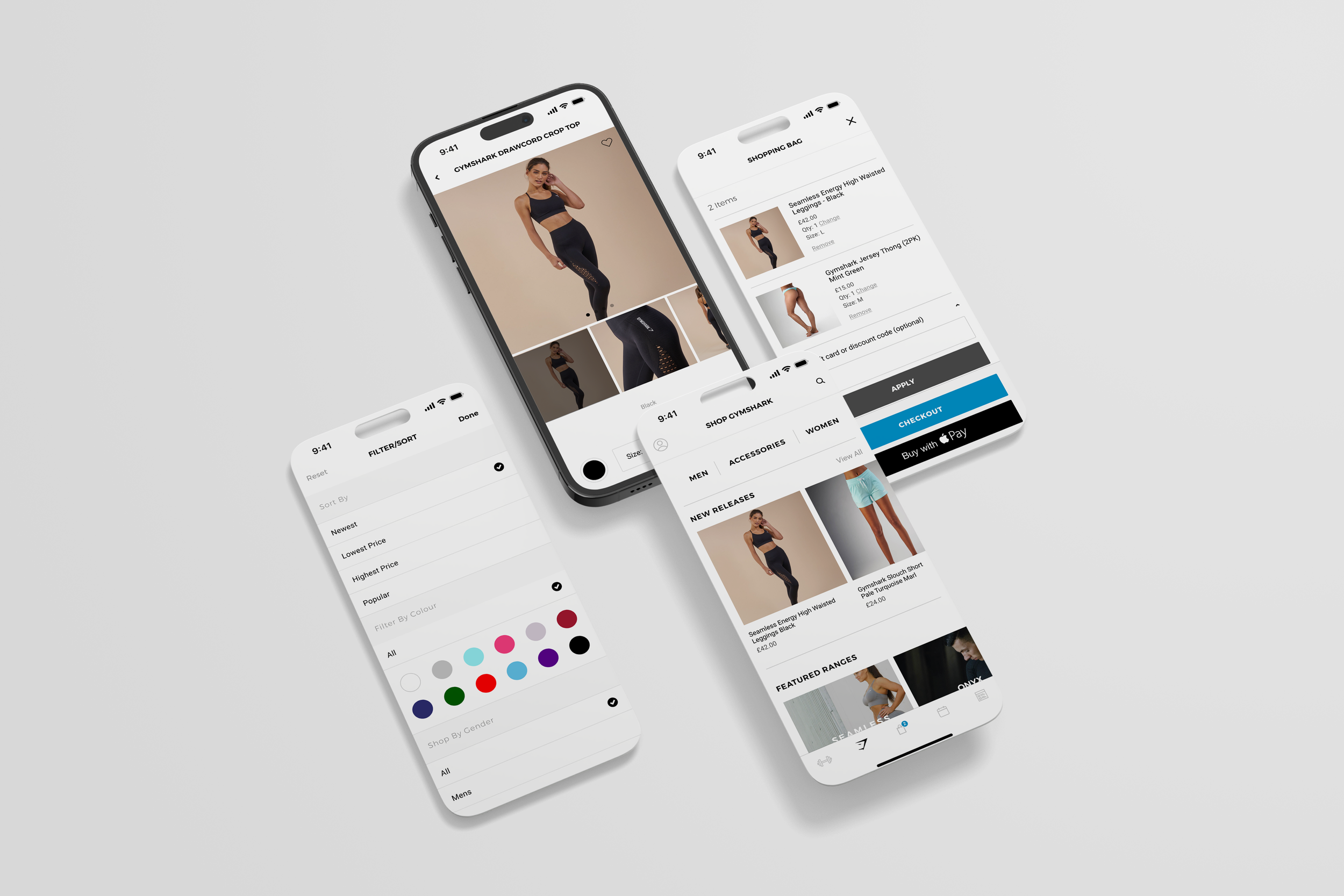 Three smartphones displaying an online sporty apparel shopping app, featuring workout clothing, shopping cart, filters, and product details.