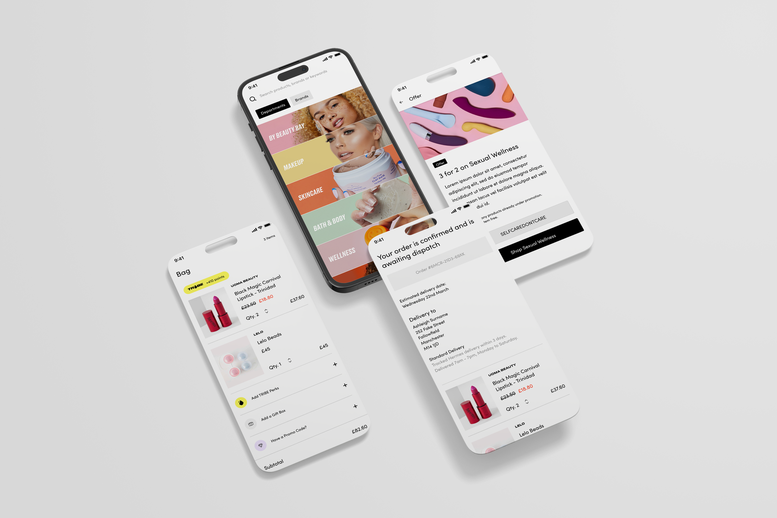 Three smartphones showing a beauty product shopping app with product listings, offers, and order confirmation screens.