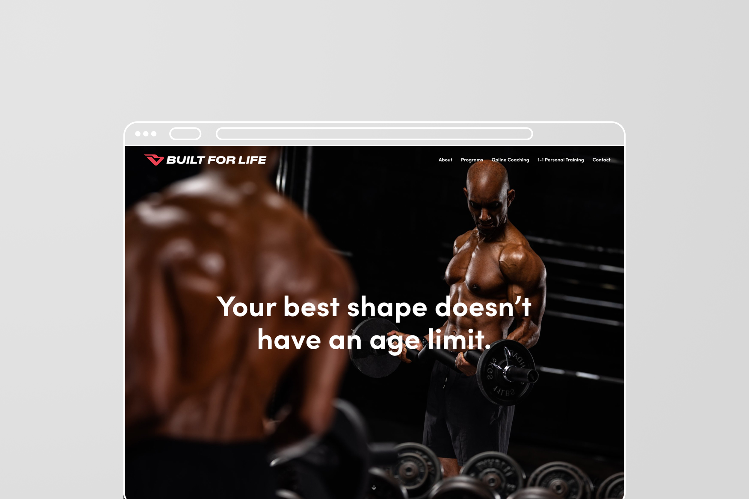 A muscular man lifting a dumbbell at a gym with the text 'Your best shape doesn’t have an age limit' on the screen.