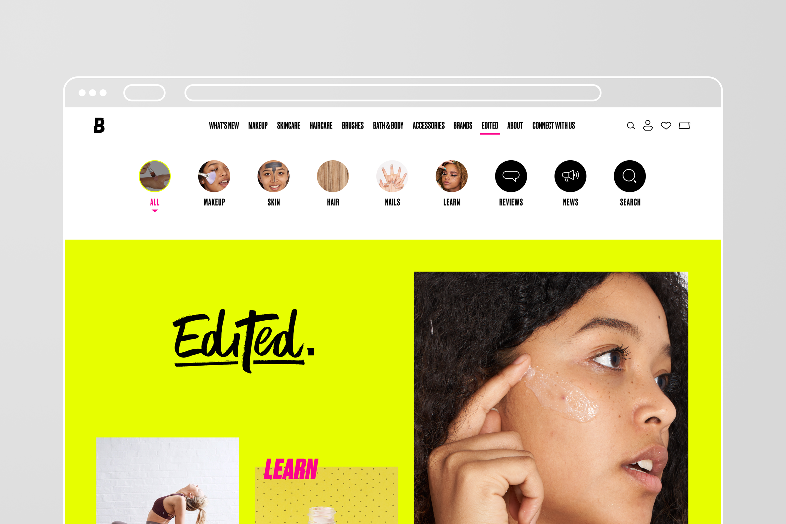 A webpage with a horizontal menu bar at the top, including categories such as What's New, Makeup, Skincare, Haircare, Brushes, Bath & Body, Accessories, Brands, Edited, About, Connect with Us. Below the menu, a circular navigation menu with options for All, Makeup, Skin, Hair, Nails, Learn, Reviews, News, Search. The main section features a large, bright yellow block with the text 'Edited.' and an image of a woman with curly hair applying a skincare product to her face.