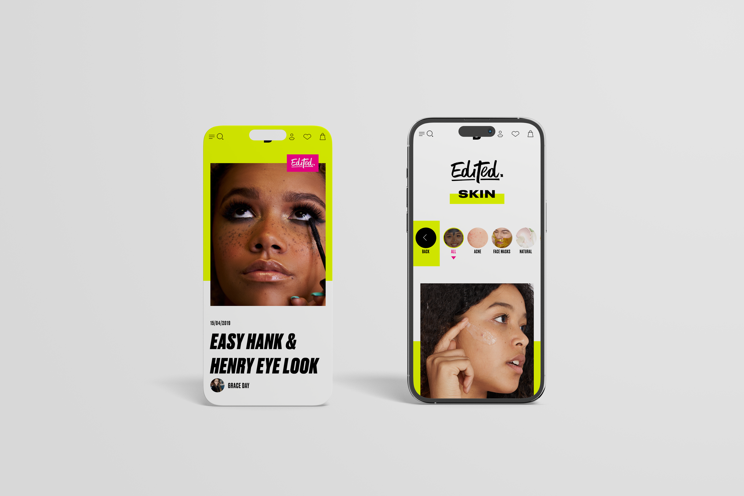 Screenshots of a beauty app on two smartphones featuring makeup tutorial and skin care information, with images of women applying makeup and skincare products.