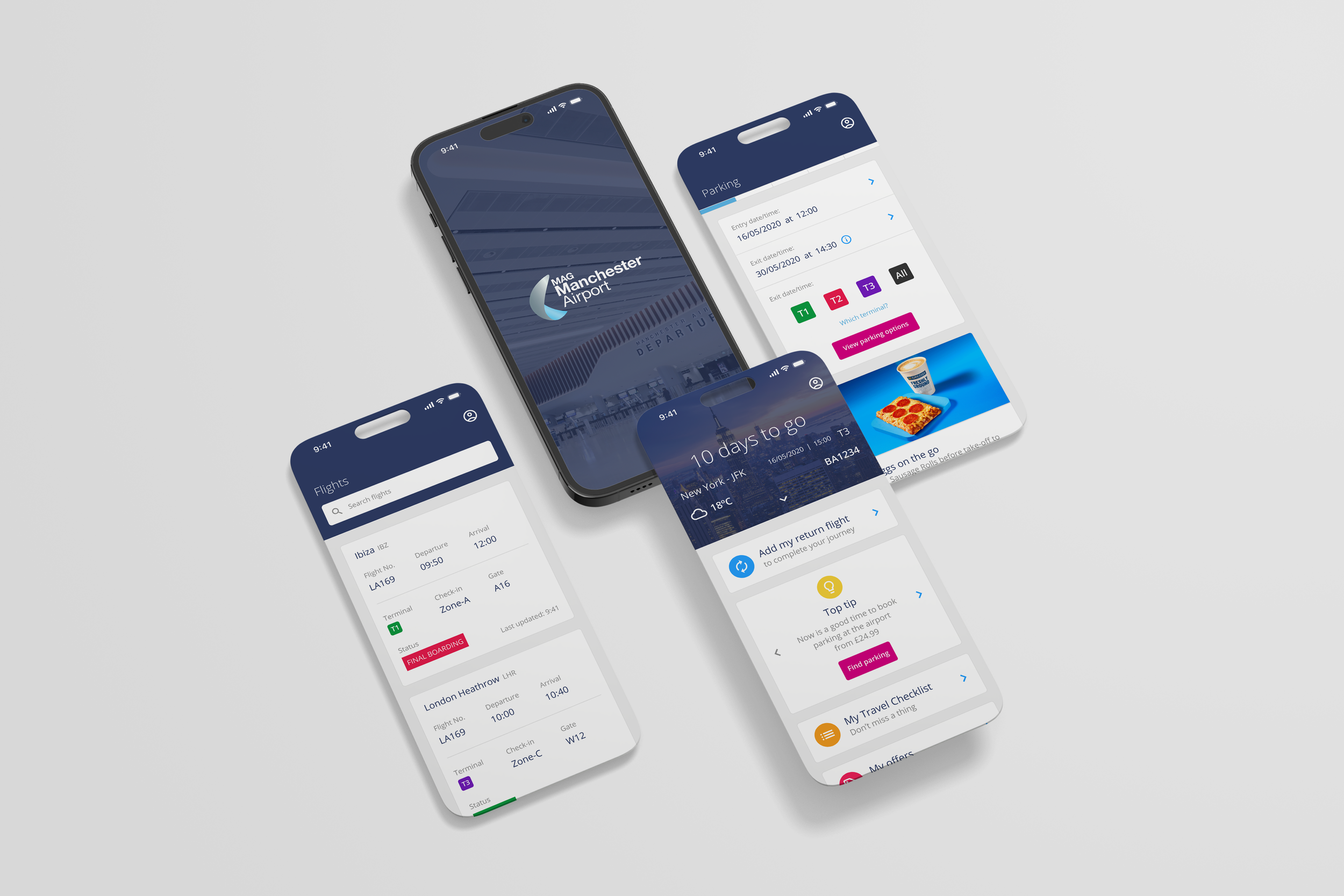 Three smartphone screens displaying a travel app with flight details, parking information, and a countdown to a trip from New York JFK airport.
