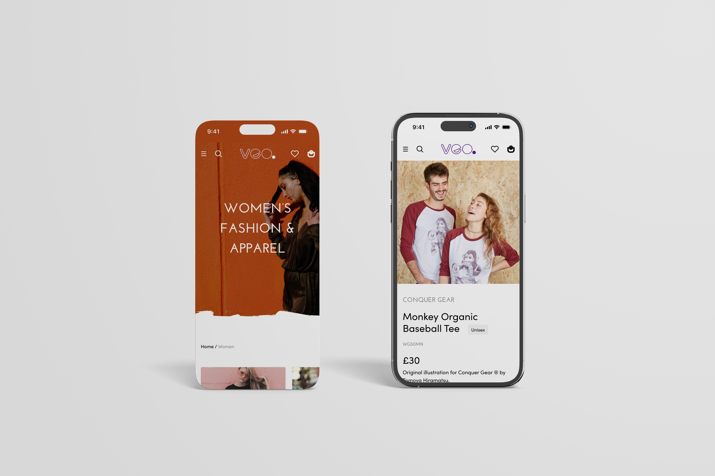 Two smartphones displaying e-commerce apps for clothing, one featuring women's fashion, the other showing men's and women's apparel and a product listing for a monkey organic baseball tee.