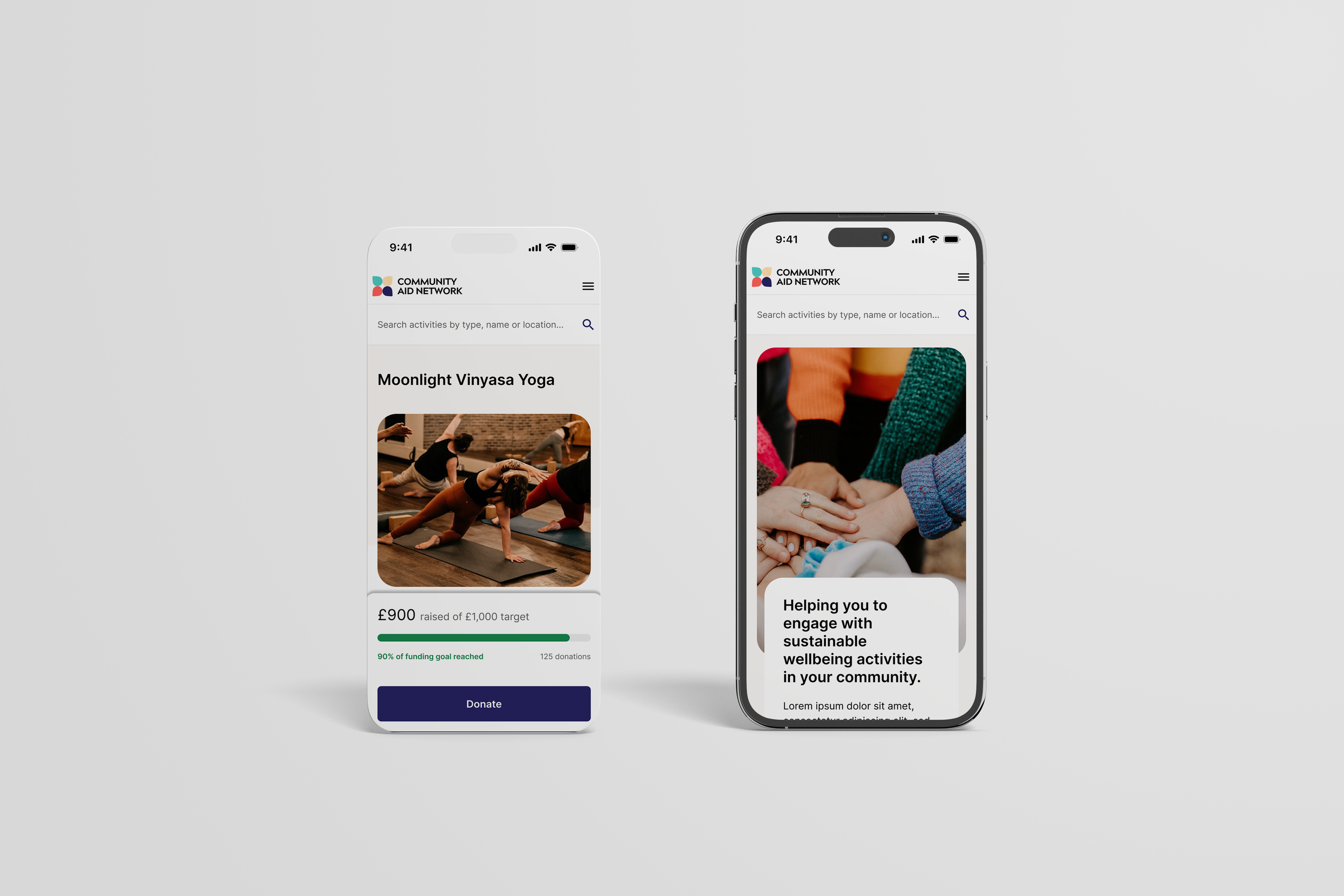 Two smartphones displaying community aid network pages. The left shows a yoga class with a donation progress bar, the right shows a group engaging in a wellbeing activity with a caption.