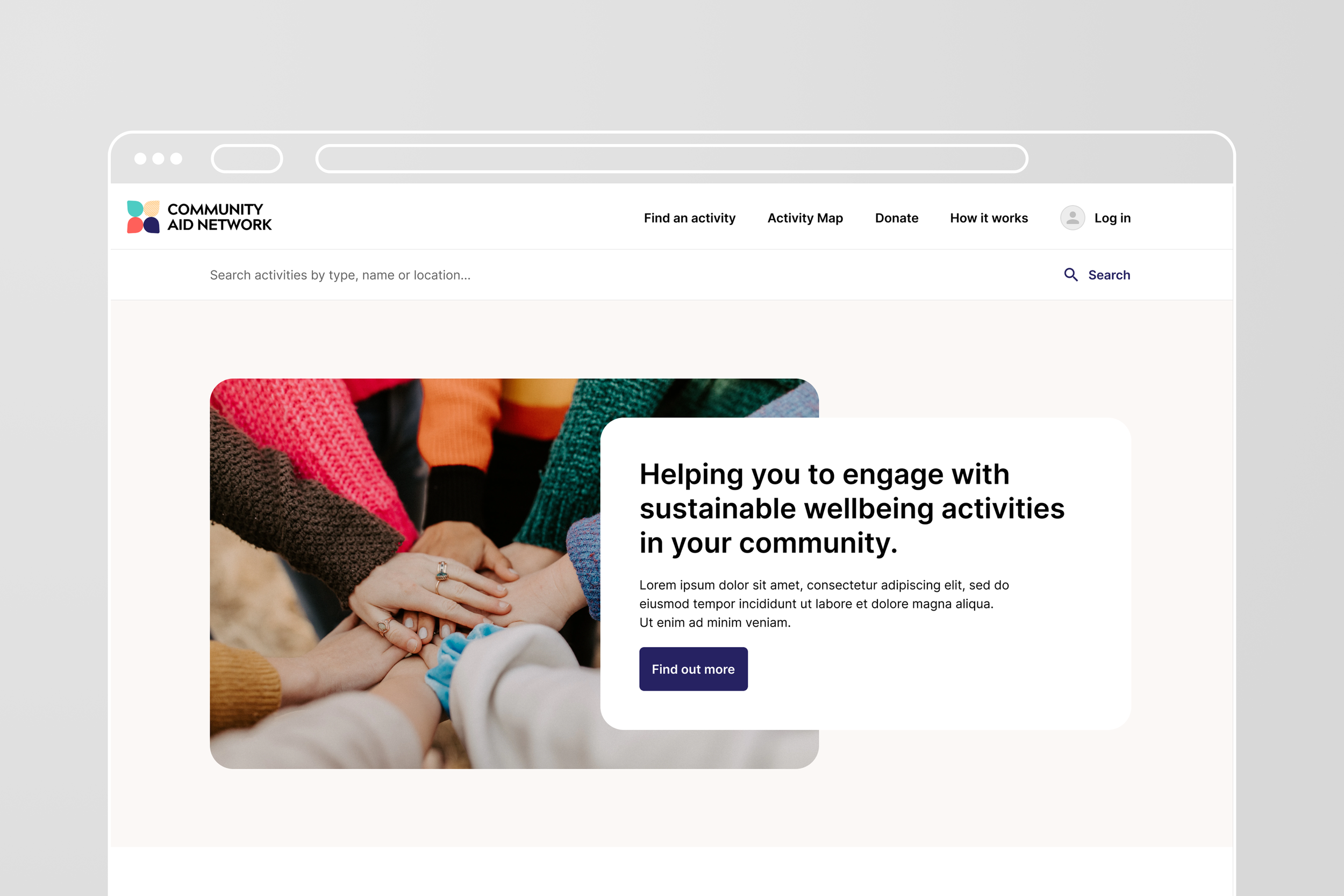 Screenshot of a community website promoting sustainable wellbeing activities, showing a group of diverse people joining hands.