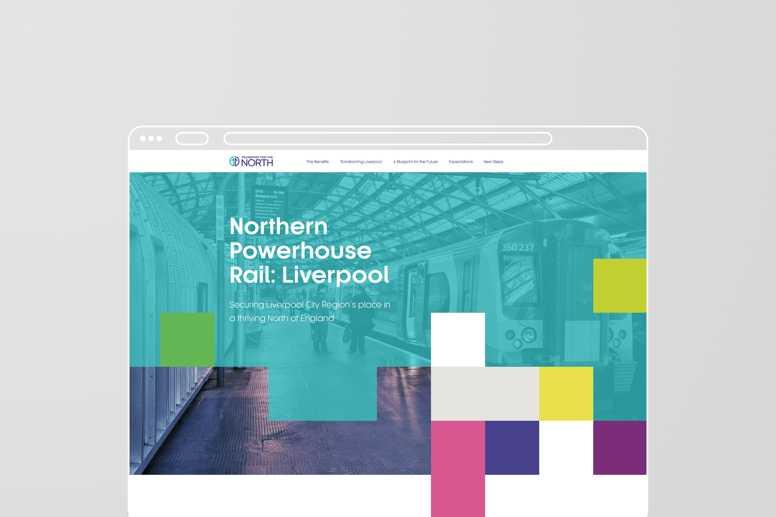 A webpage titled 'Northern Powerhouse Rail: Liverpool' with a background image of a modern train station with a train and a few people, overlayed with colorful squares.