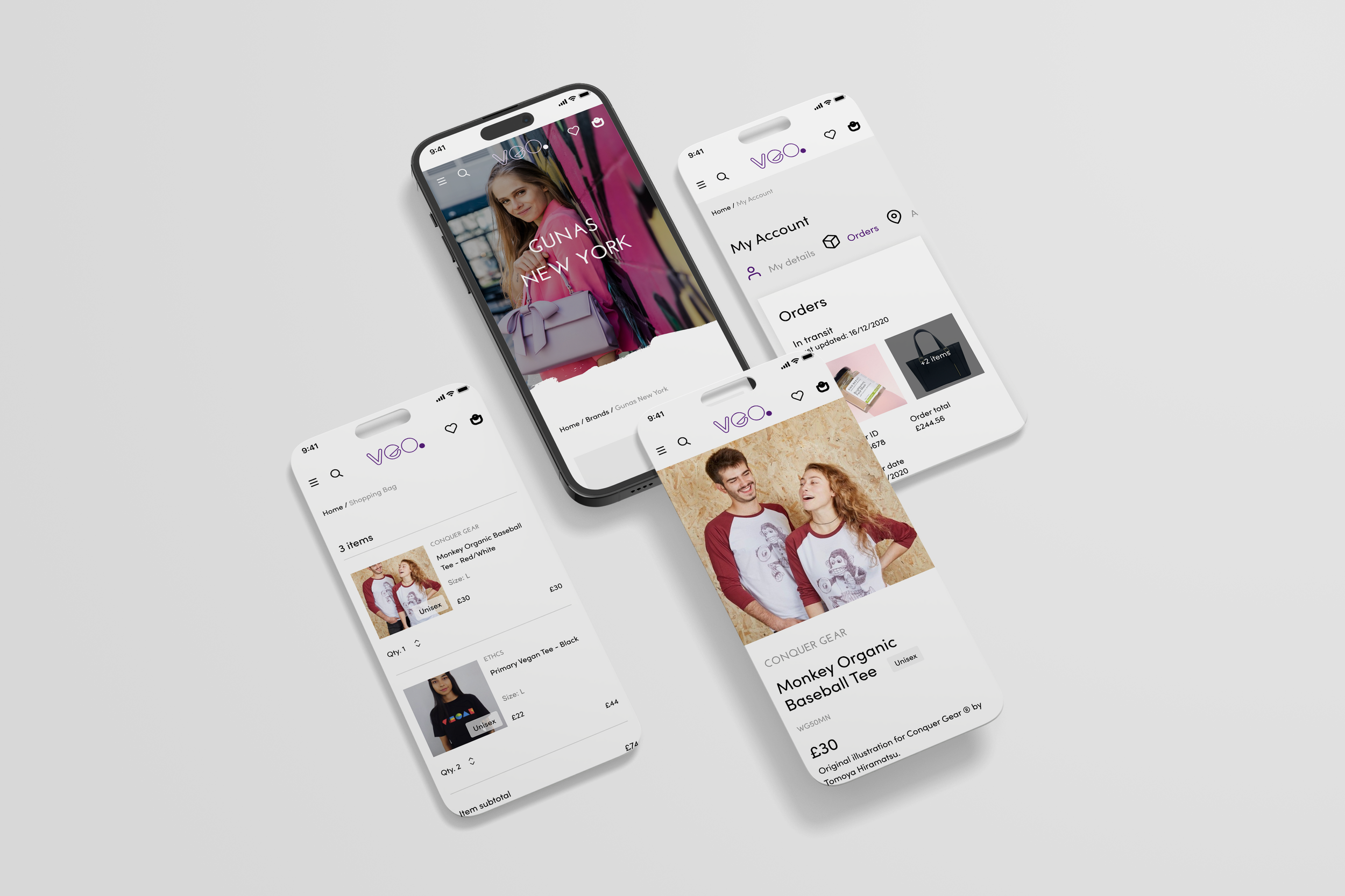 Three smartphones displaying the VOQ shopping app screens, showcasing product images, cart, and order details.