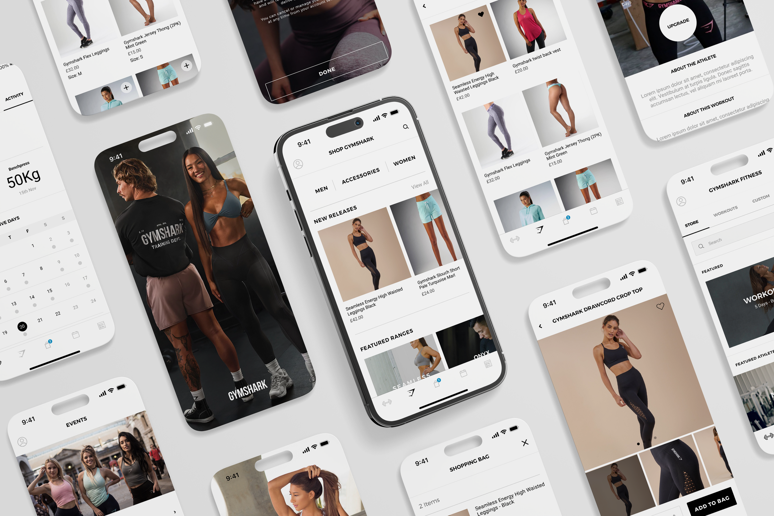 Collection of mobile app screens displaying fitness apparel, workout plans, shopping options, and workout events under the Gymshark brand.