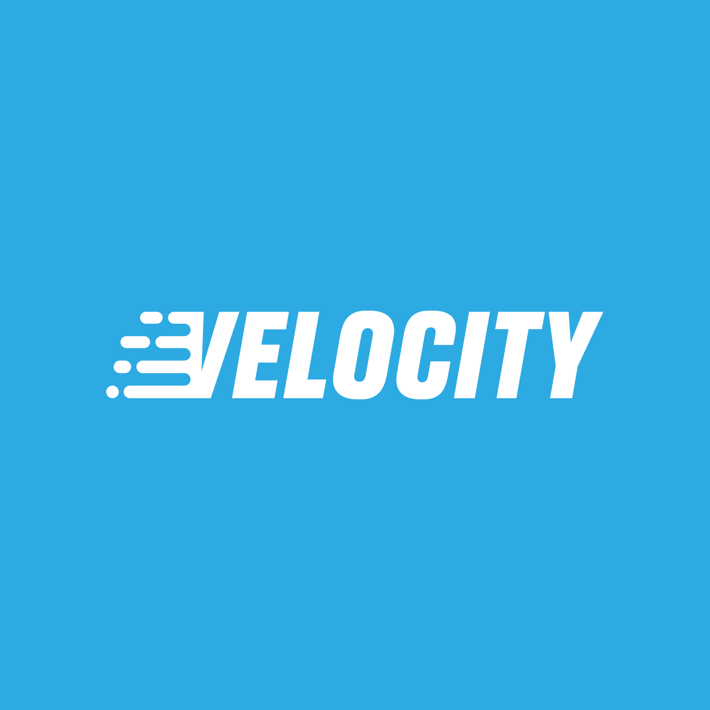 Blue background with white logo reading 'VELOCITY' with motion lines to the left of the word.