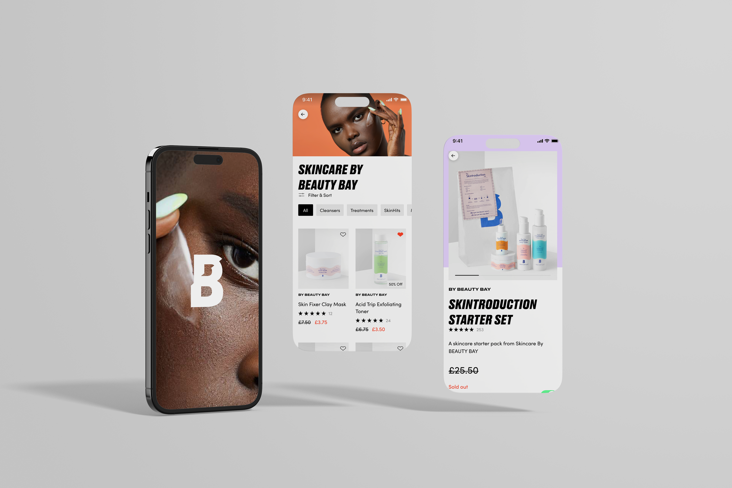 Three smartphones displaying skincare product shopping app screens against a gray background.