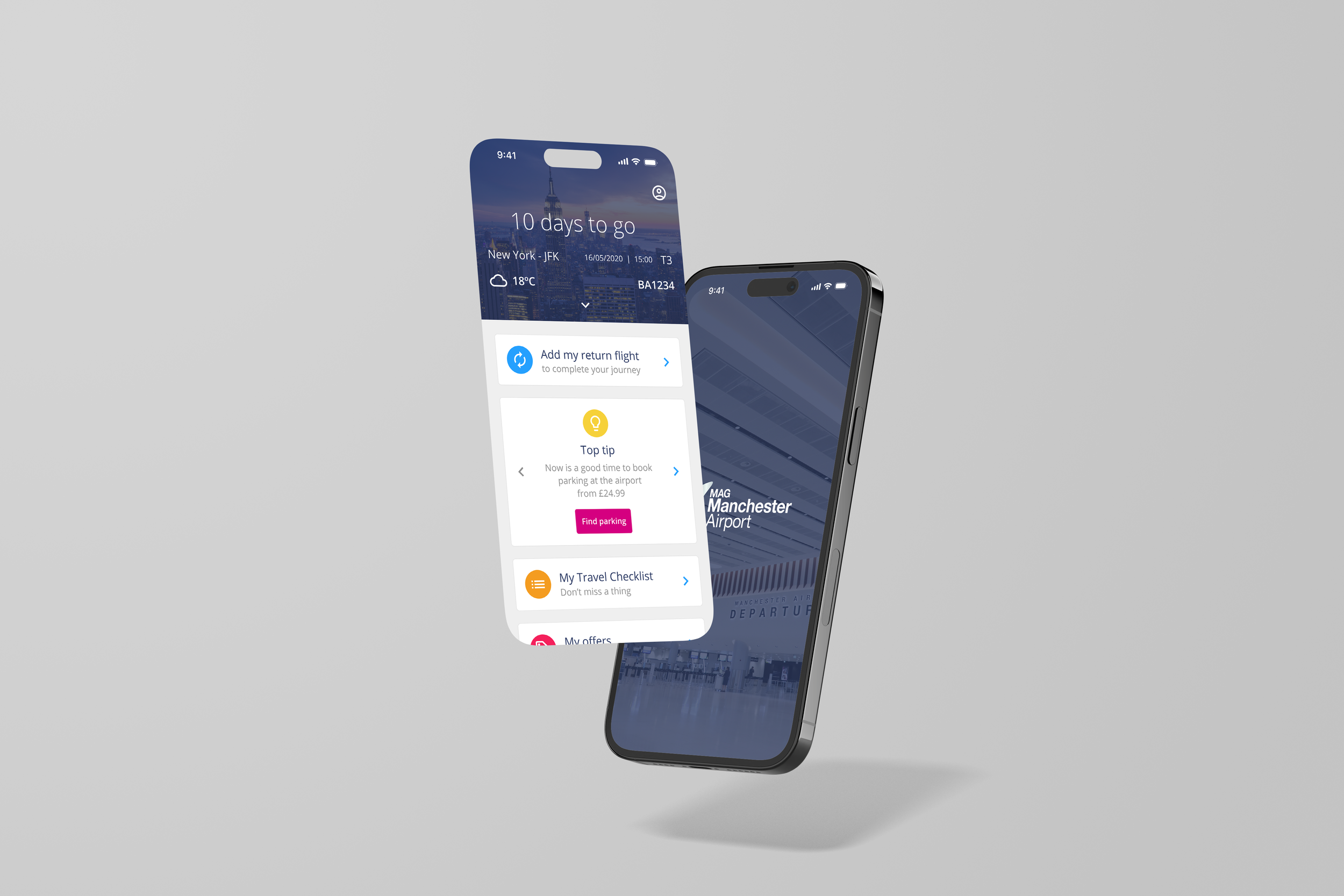 A 3D-rendered digital image of a smartphone displaying a travel app with flight details, parked in front of a gray background.