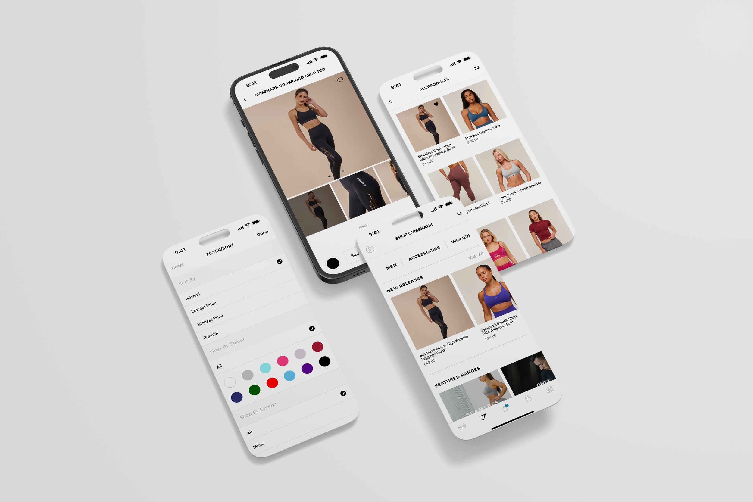 Three smartphones display a fitness clothing shopping app with images of women wearing activewear in various colors and styles, including leggings, sports bras, and tops. One screen shows product filters and sorting options, and another displays clothing categories and new releases.