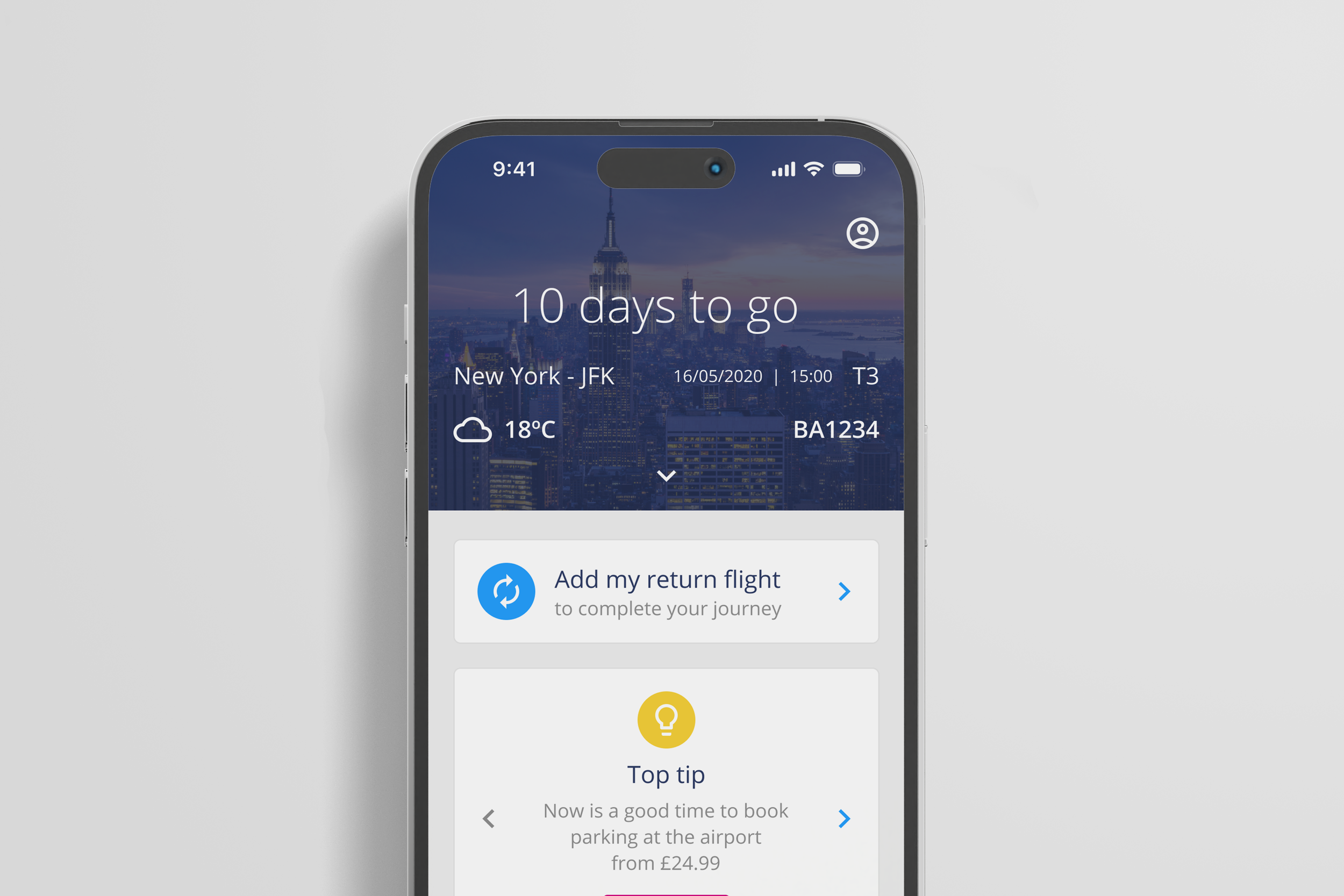 A smartphone screen showing a travel app for a flight departing in 10 days from New York JFK airport, with weather, flight details, and options to add a return flight and booking tips.