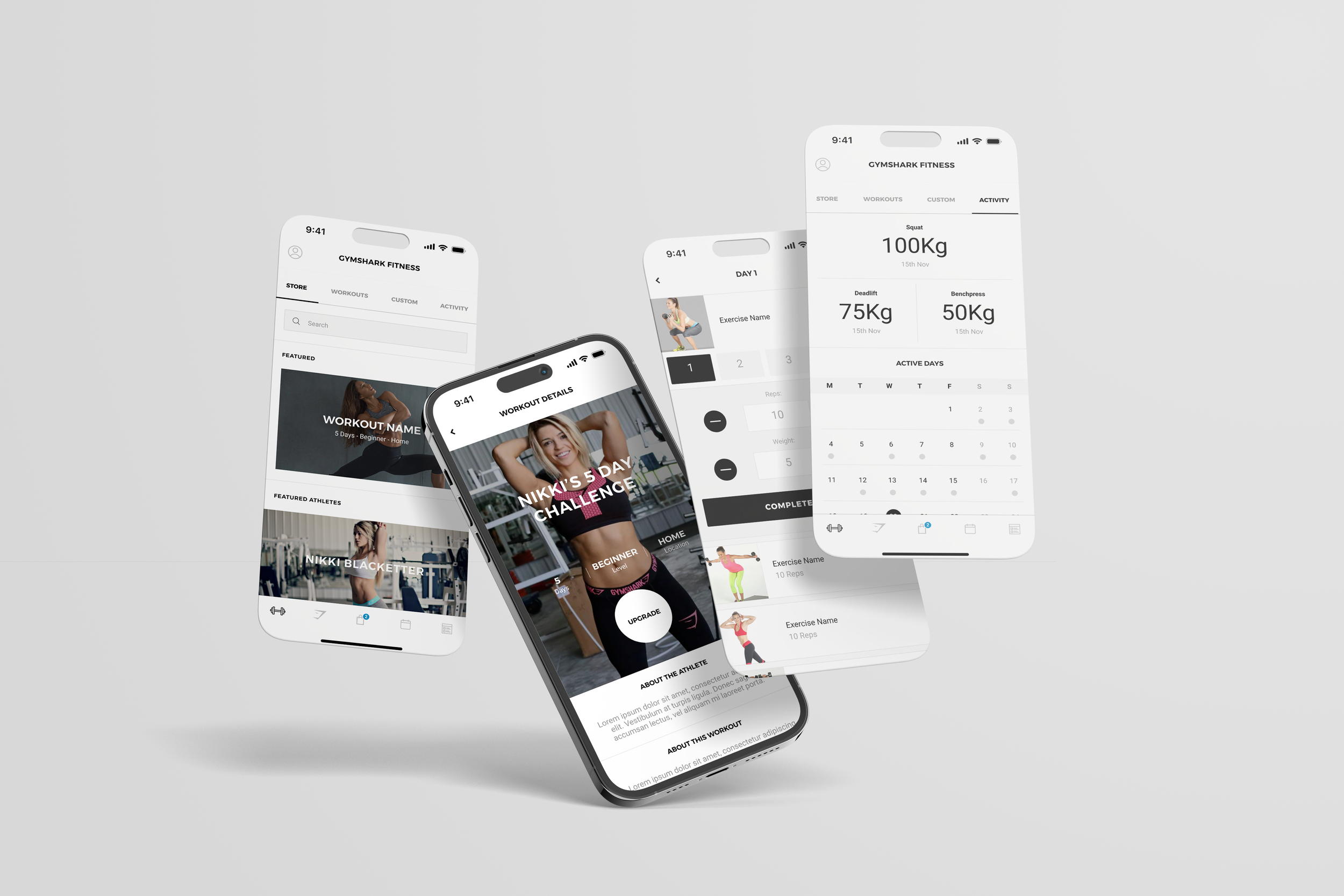 Multiple smartphones displaying fitness app interfaces with workout routines, progress tracking, and workout challenges, against a gray background.