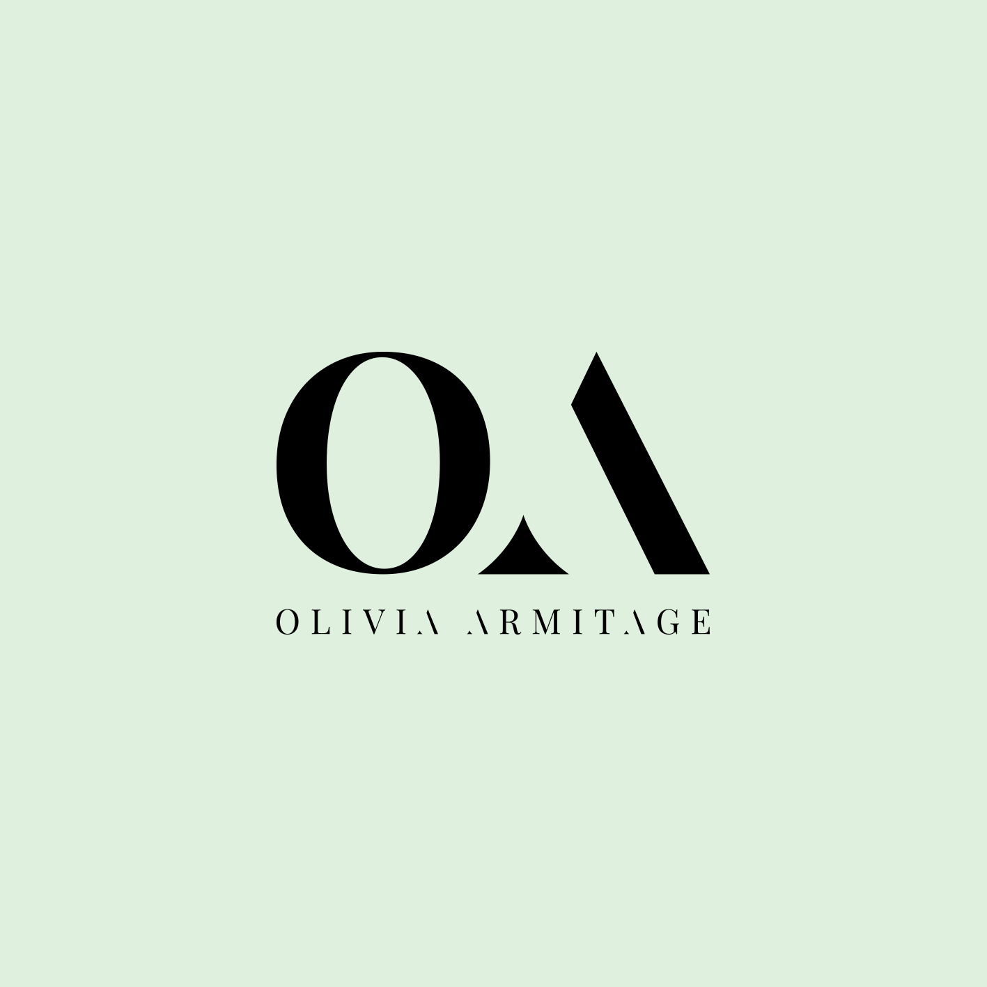 Design with large black letter 'O', Greek letter 'Alpha', and stylized black letter 'A' on a light green background, with the name 'Olivía Armitage' written below in small black font.