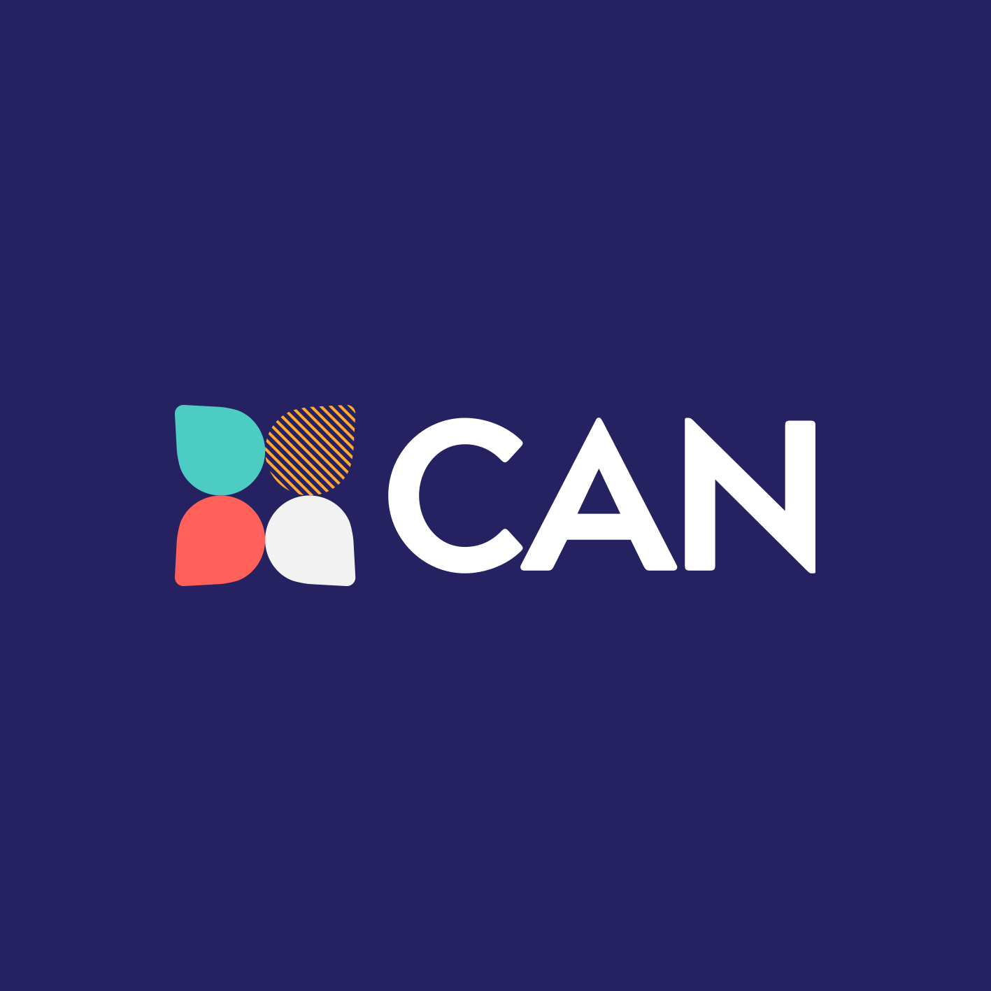 A dark blue background with the word 'CAN' in white text and four colorful abstract shapes resembling petals or leaves surrounding the text.
