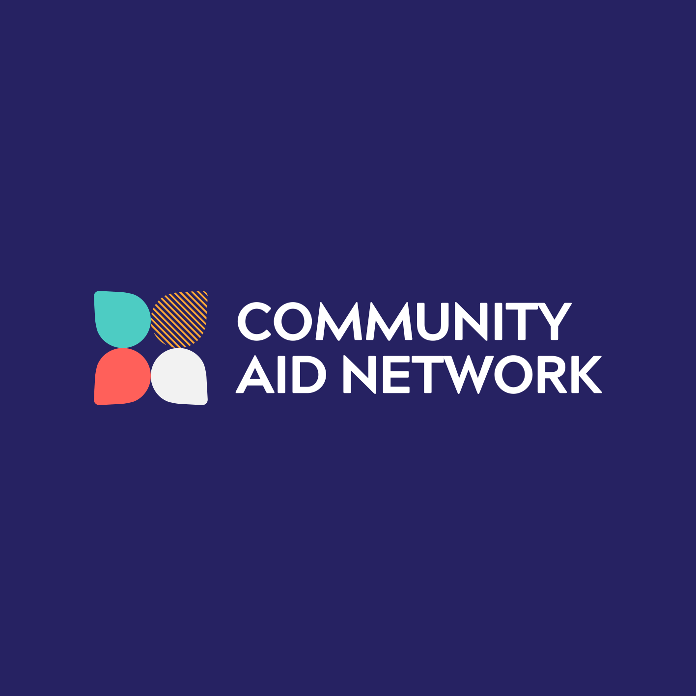 Logo for Community Aid Network with four abstract shapes and text on a navy background.