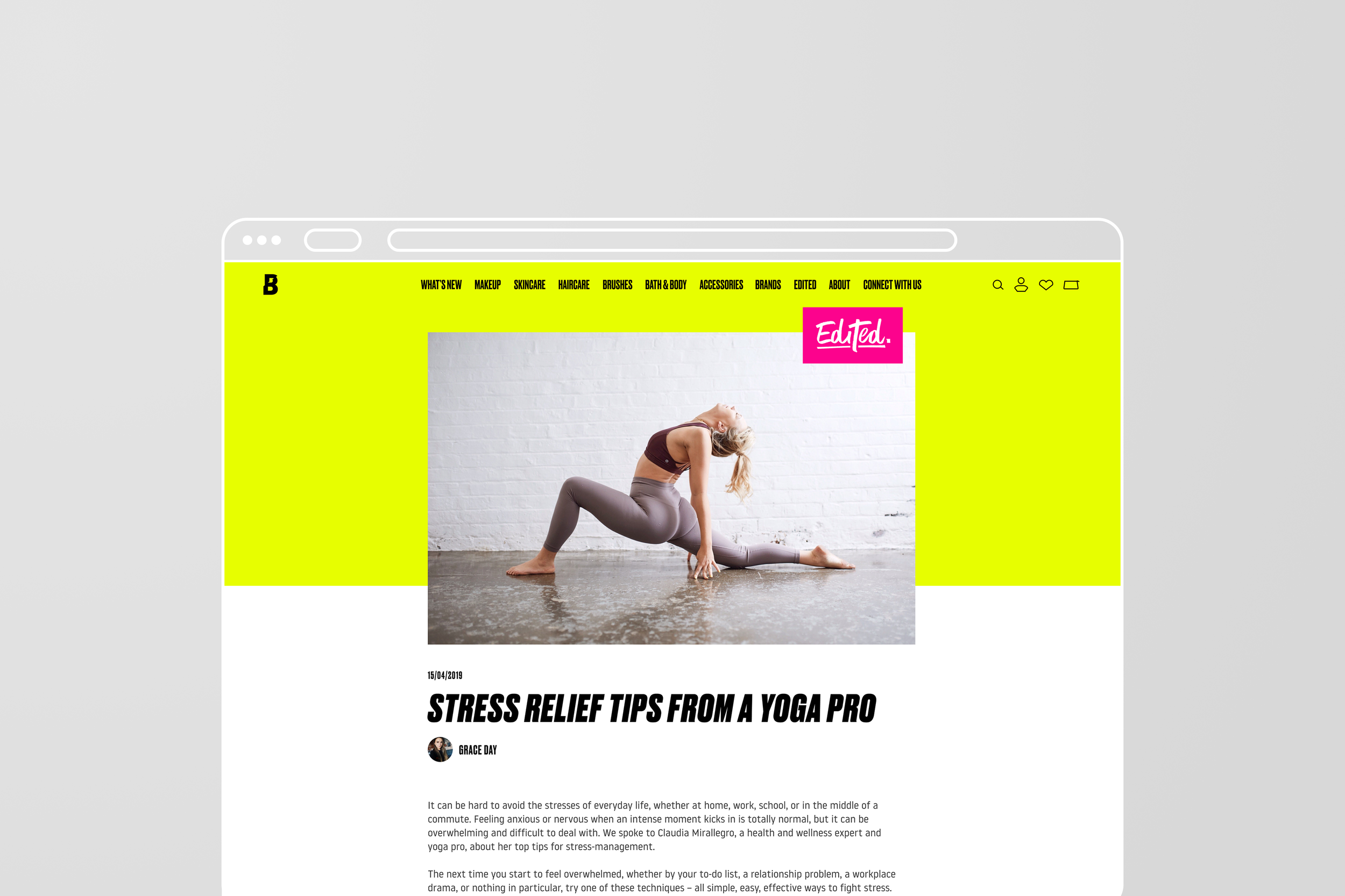 Webpage featuring a yoga woman practicing a pose against a white brick wall, with a pink 'Edited.' label and a bright yellow header menu.