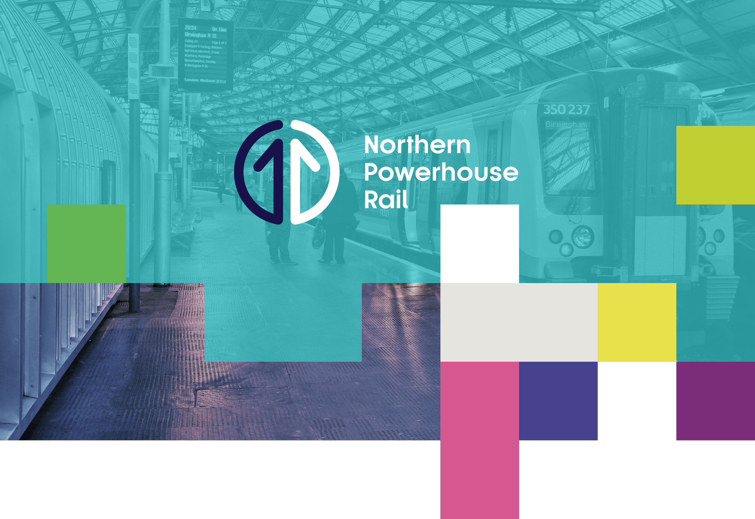 A train at a metro station with the logo of Northern Powerhouse Rail and colorful squares overlayed on the image.