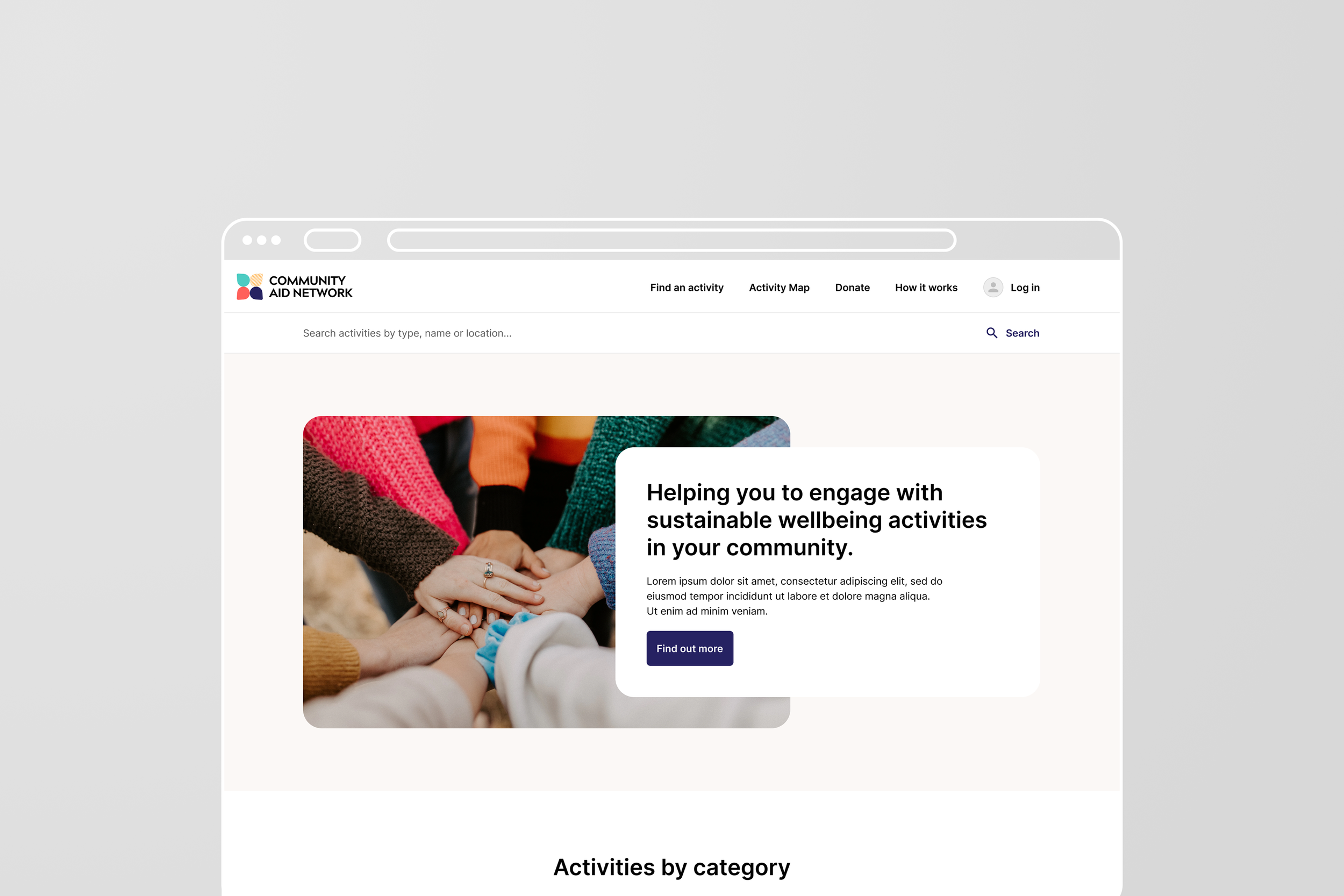 Screenshot of a community health website featuring a hero image of hands stacked together, with a white overlay containing black text about engaging in sustainable wellbeing activities in the community.