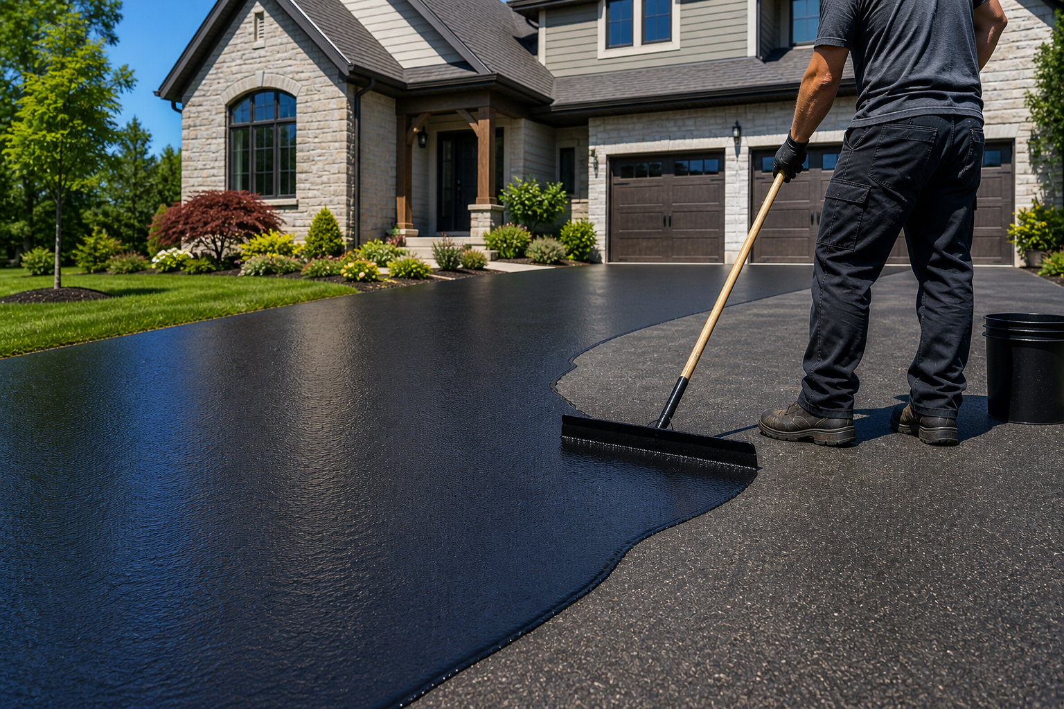 Person using a broom to spread black asphalt on a driveway in front of a house with a manicured lawn and garden.