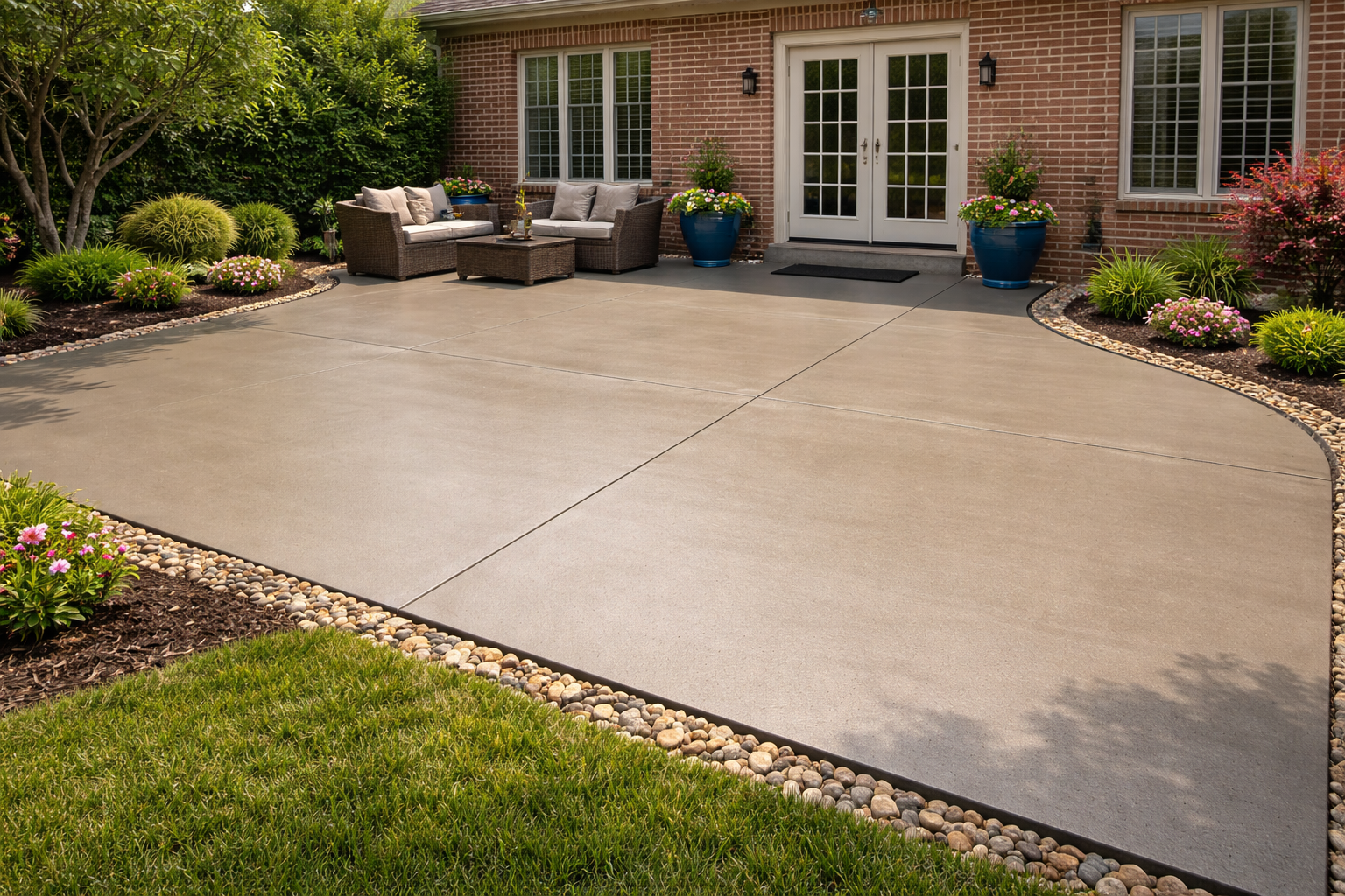 Backyard patio with lounge seating, potted plants, and landscaped garden beds with flowers and shrubs.