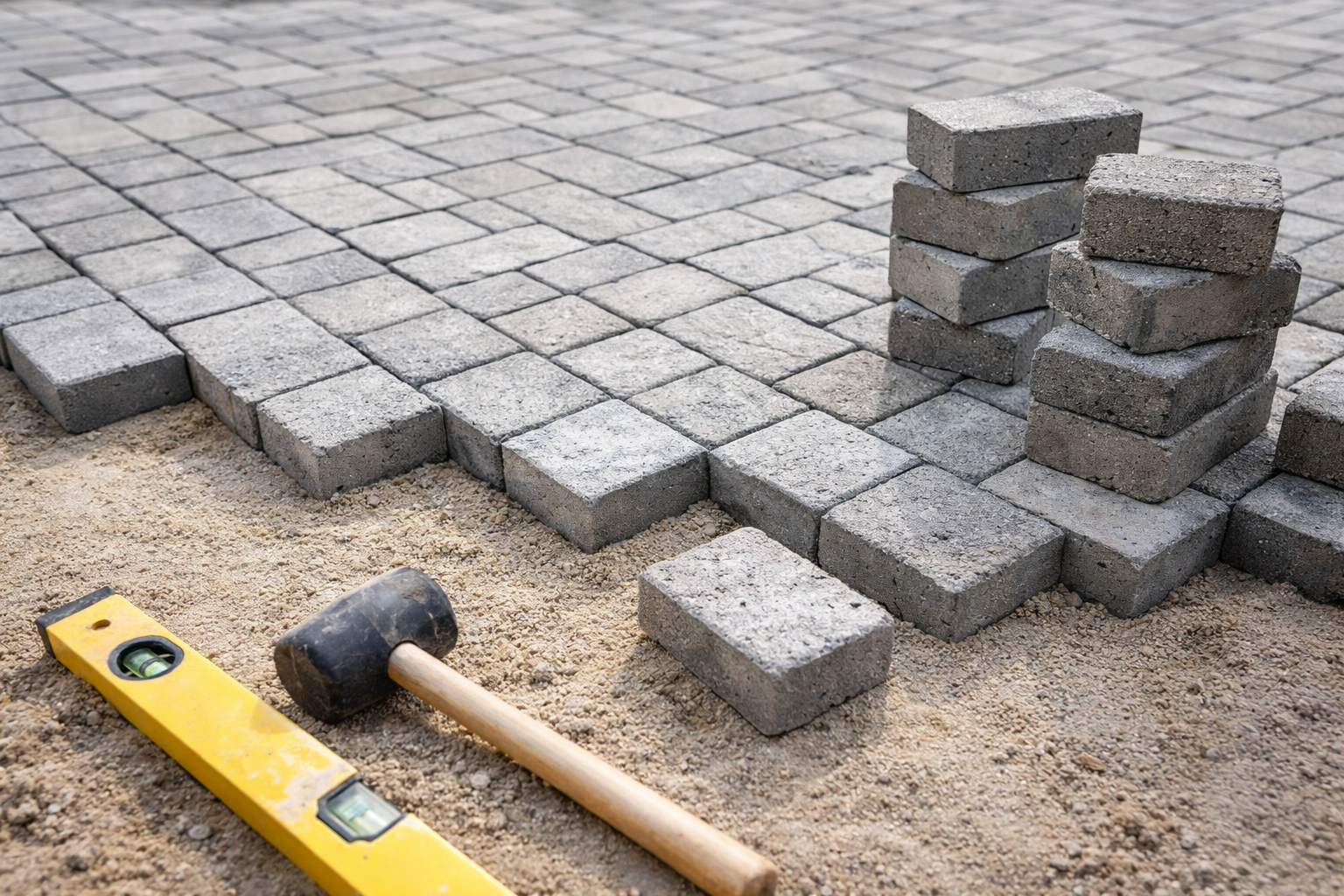 Installing paving stones with a hammer and level nearby.