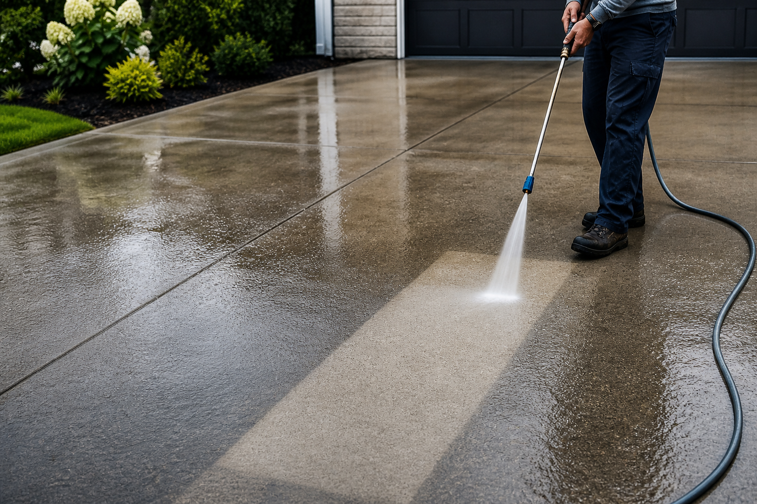 Person pressure washing a concrete driveway with a hose and spray nozzle on a rainy day.