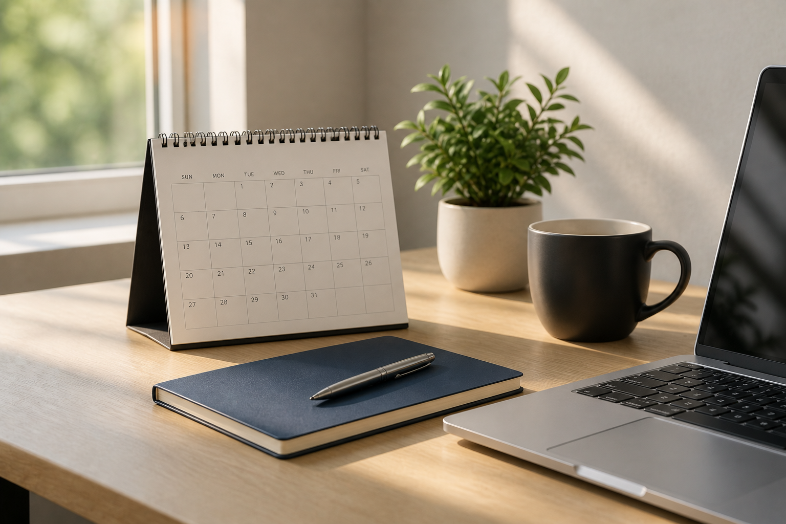 A minimalist desk setup near a window with a calendar, potted plant, coffee mug, notebook, pen, and a laptop.