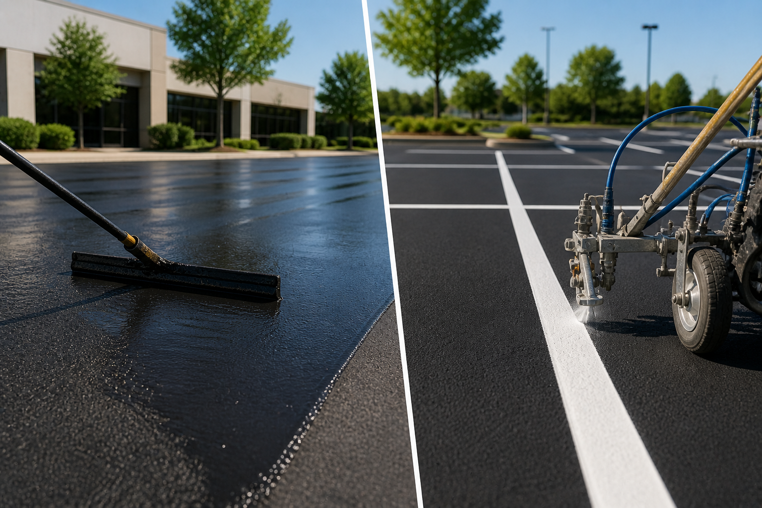 Comparison of two parking lots, one being freshly paved and marked, the other with new asphalt and parking lines being painted.