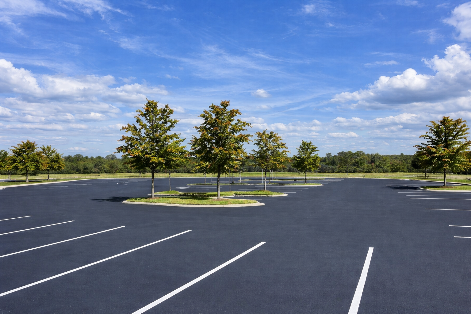 A nearly empty parking lot with marked spaces, trees on small islands, and blue sky with clouds.