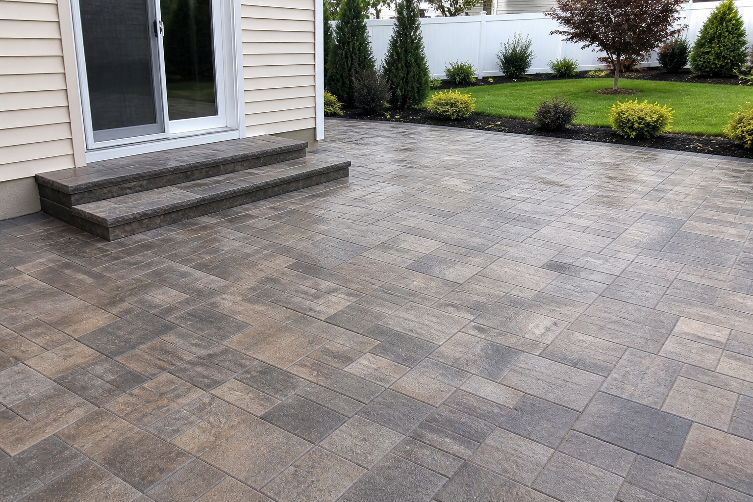 Backyard patio with stone pavers, a small set of stairs leading to sliding glass door, and a landscaped lawn with trees and bushes along a white fence.
