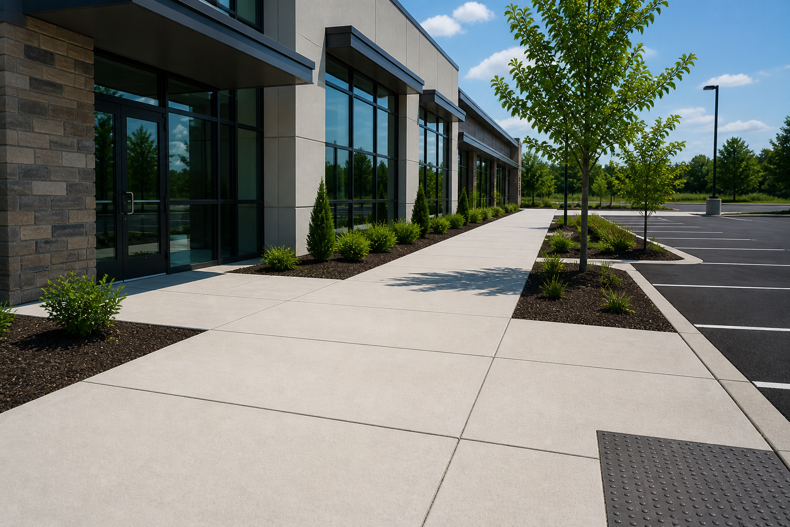 A modern commercial building with large glass windows, a concrete sidewalk, landscaped plants, and an empty parking lot.