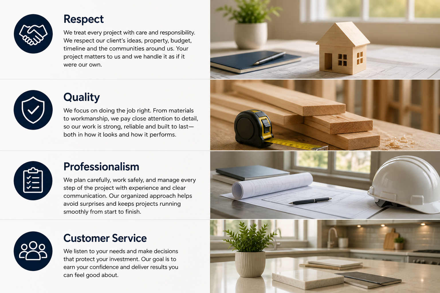 A composite image illustrating four sections with icons and text: 1) Respect: handshake icon, with a house model, notebook, and pen on a desk. 2) Quality: shield icon, with wooden planks, tape measure, and woodworking tools. 3) Professionalism: checklist icon, with blueprints, a safety helmet, and a pen. 4) Customer Service: group icon, with a potted plant, granite samples, and a kitchen background.