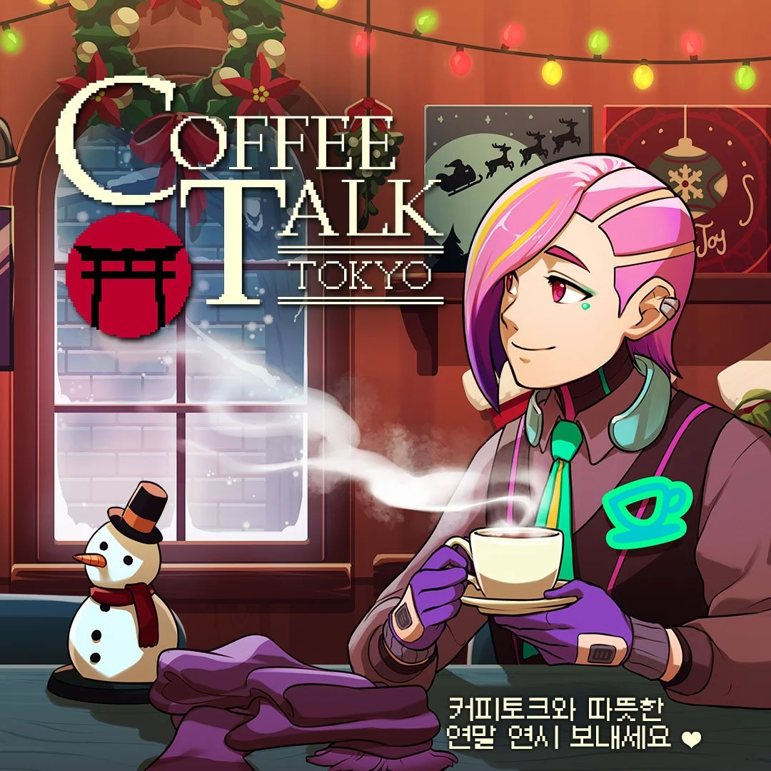 Anime-style character with pink and purple hair, sitting at a table with a hot cup of coffee, in a cozy, Christmas-decorated indoor setting. Snow outside the window, Christmas lights, and a snowman ornament on the table. Text reads 'Coffee Talk Tokyo' and has Korean writing at the bottom.