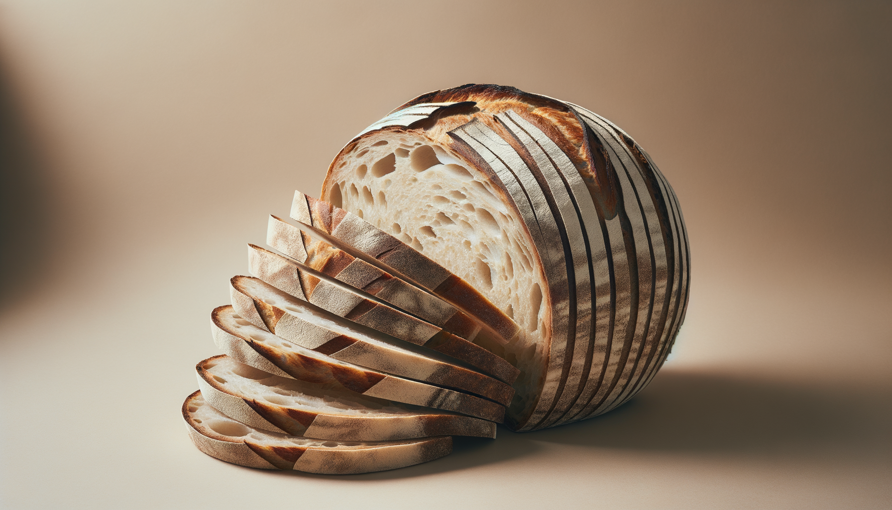 A loaf of sliced bread with a marbled crust, partially sliced and placed on a neutral background.