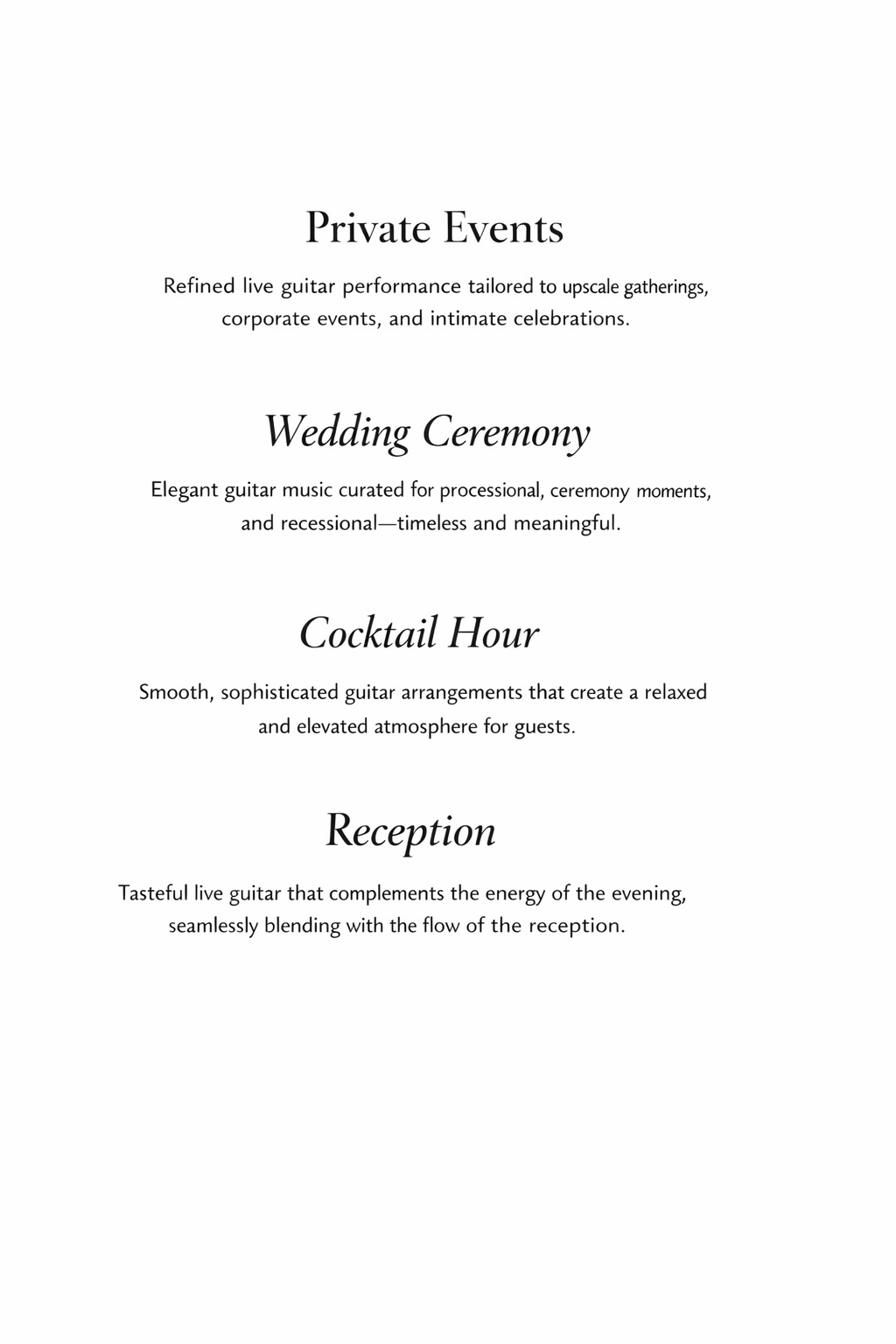 A flyer for private events featuring live guitar performances. It highlights wedding ceremonies, cocktail hours, and receptions with descriptions of each service.