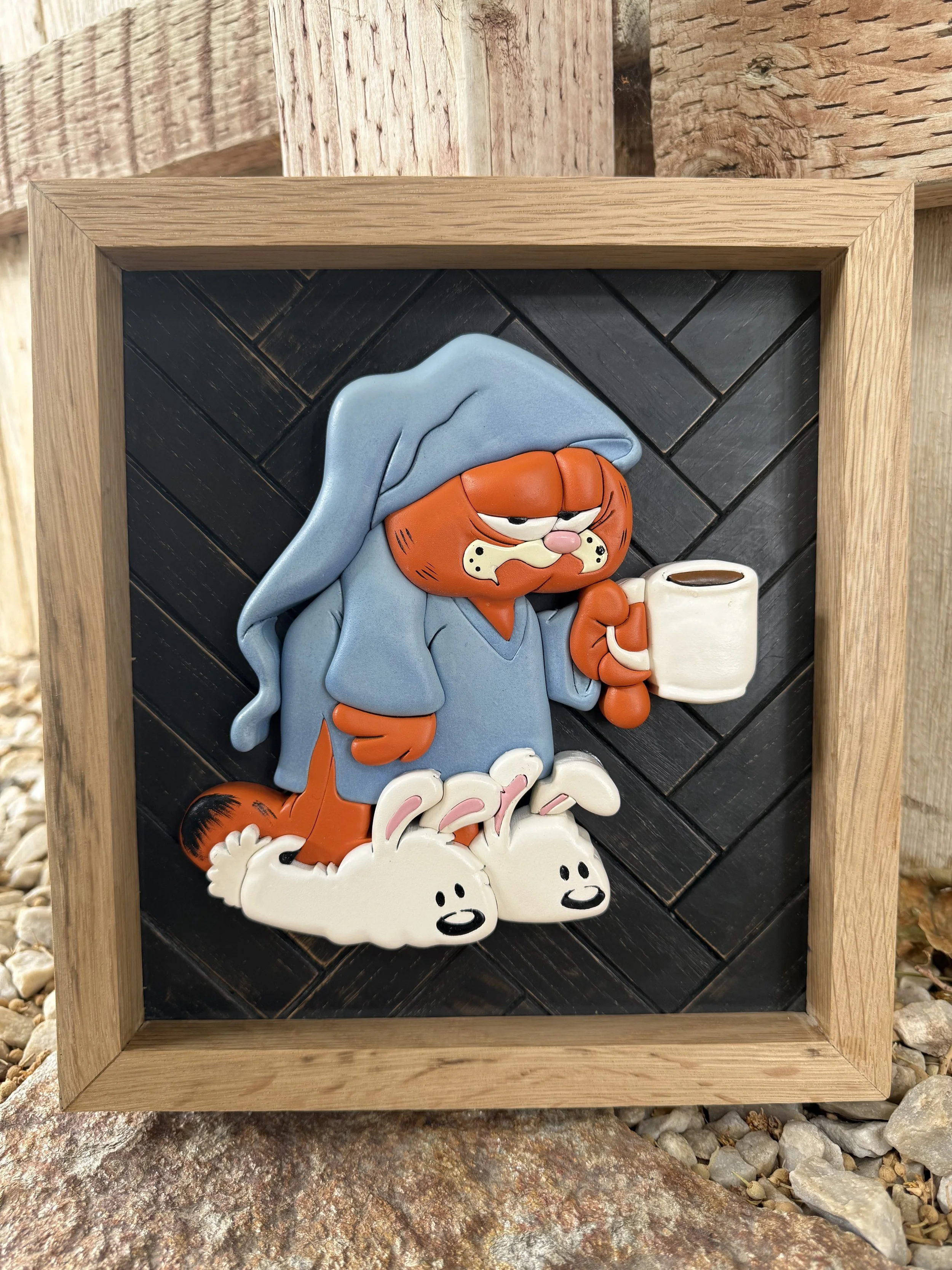 Handmade Inspired Garfield Wood Art - Morning Coffee Character in White Oak Frame