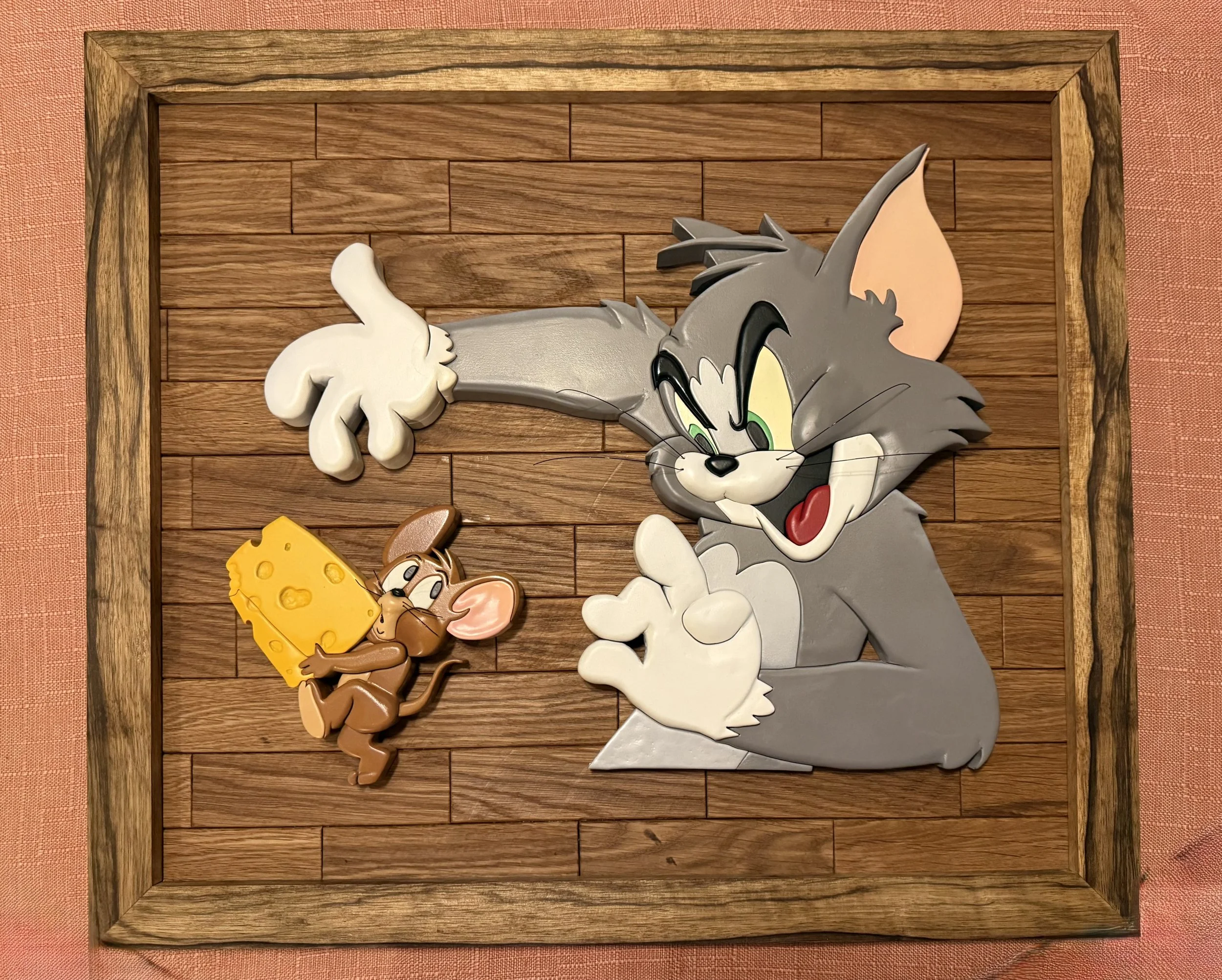 3D Tom and Jerry Inspired Scroll Saw Art: White Oak & Black Limba Frame