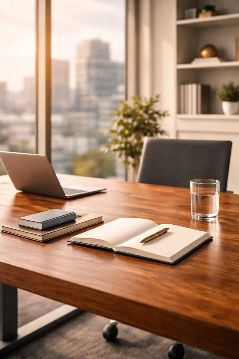 Office desk with an open notebook and pen, a closed notebook, a glass of water, a laptop, and a chair, with a large window showing city buildings in the background.