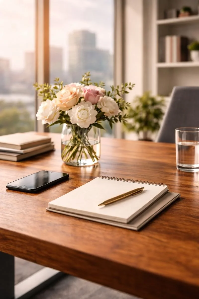 A wooden desk with a glass vase of pink and white flowers, a closed smartphone, a stack of notebooks, a gold pen on a notepad, and a glass of water. A window showing a cityscape in the background.