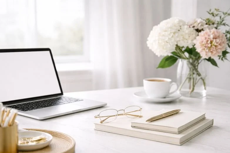 A bright, airy desk setup with a silver laptop, a pair of round glasses, a gold pen, a white coffee cup on a saucer, a vase of pink and white flowers, and two stacked notebooks.